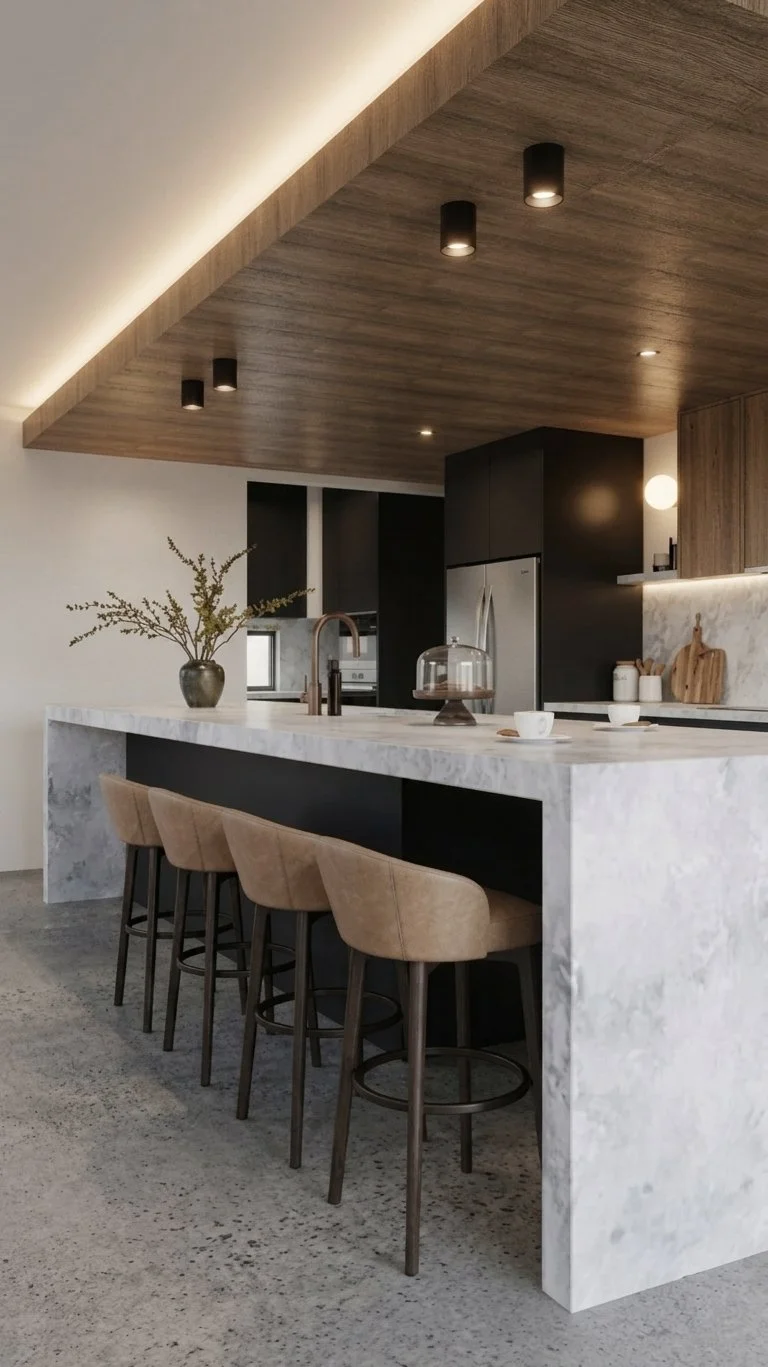 Modern black-and-oak kitchen design with stone island and timber ceiling feature — Brisbane interior design