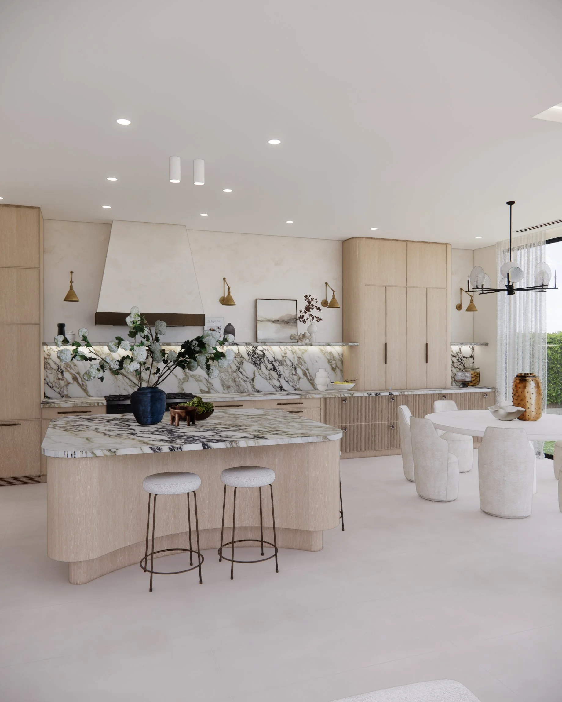 Light-filled kitchen and dining area featuring dramatic marble splashback and sculptural dining chairs in a Sydney new-build