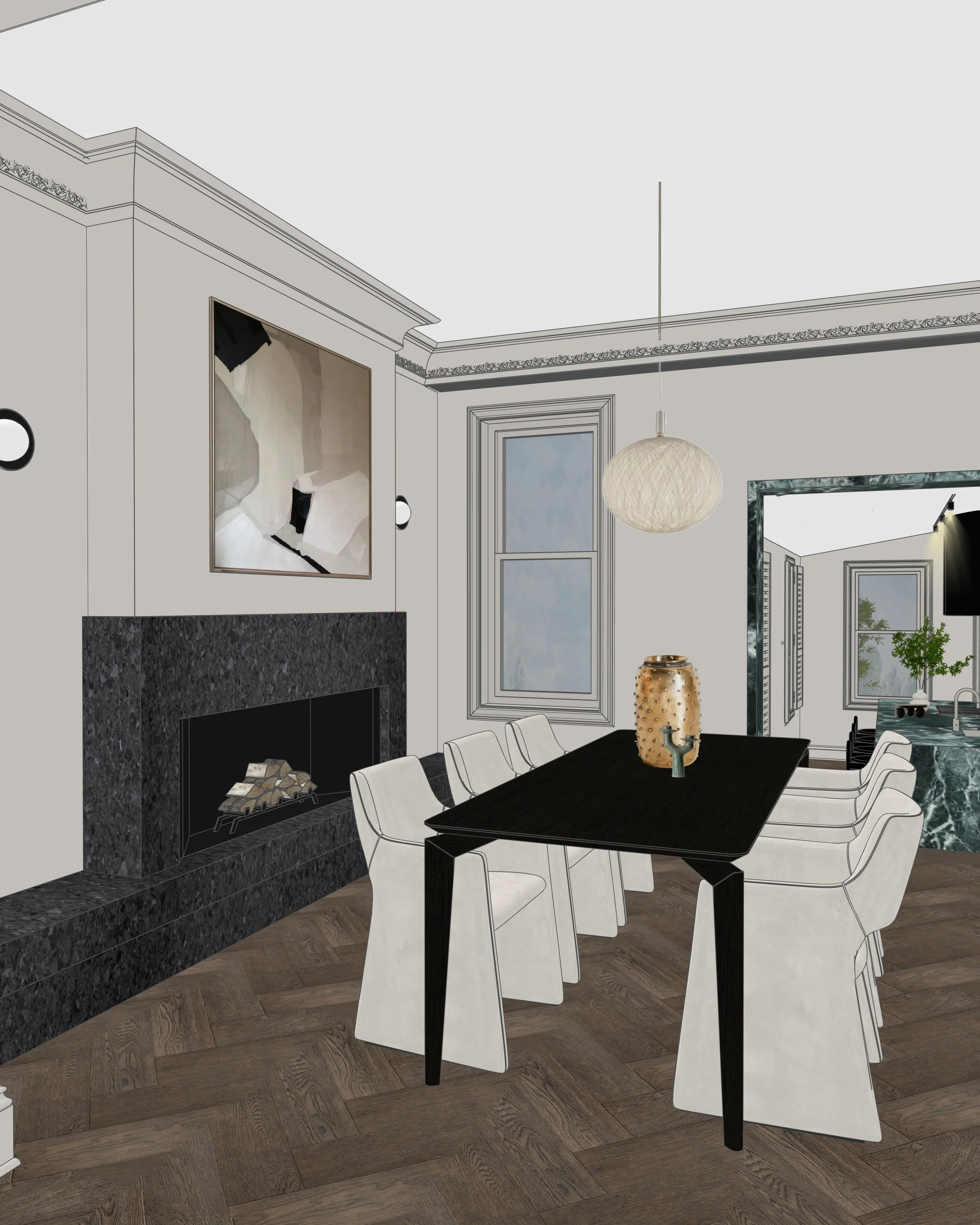 Dining room with black table, stone fireplace, and heritage mouldings in Sydney terrace home