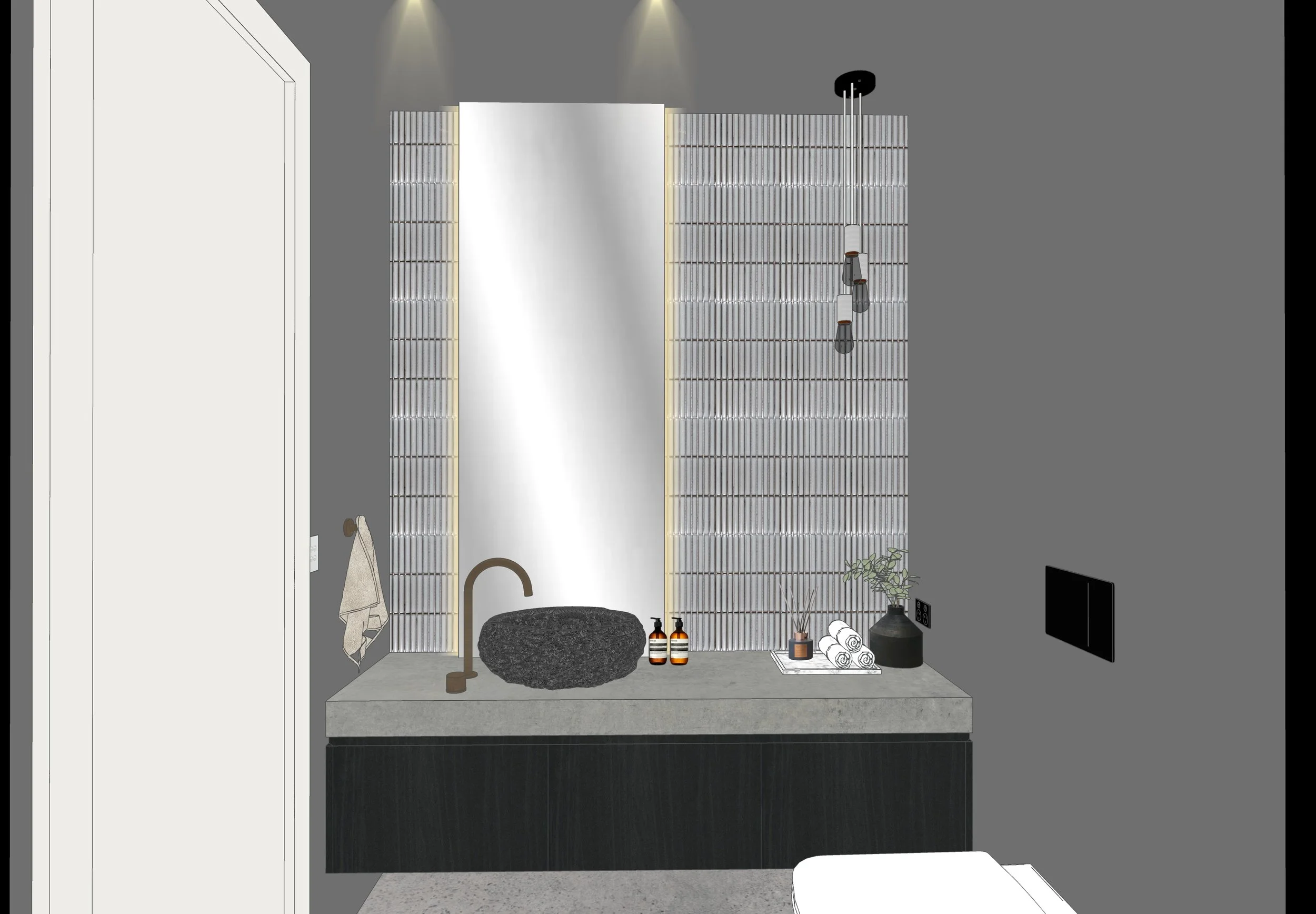 Modern masculine powder room render with stone basin, vertical feature tiles and ambient lighting — Caringbah Residence Brisbane