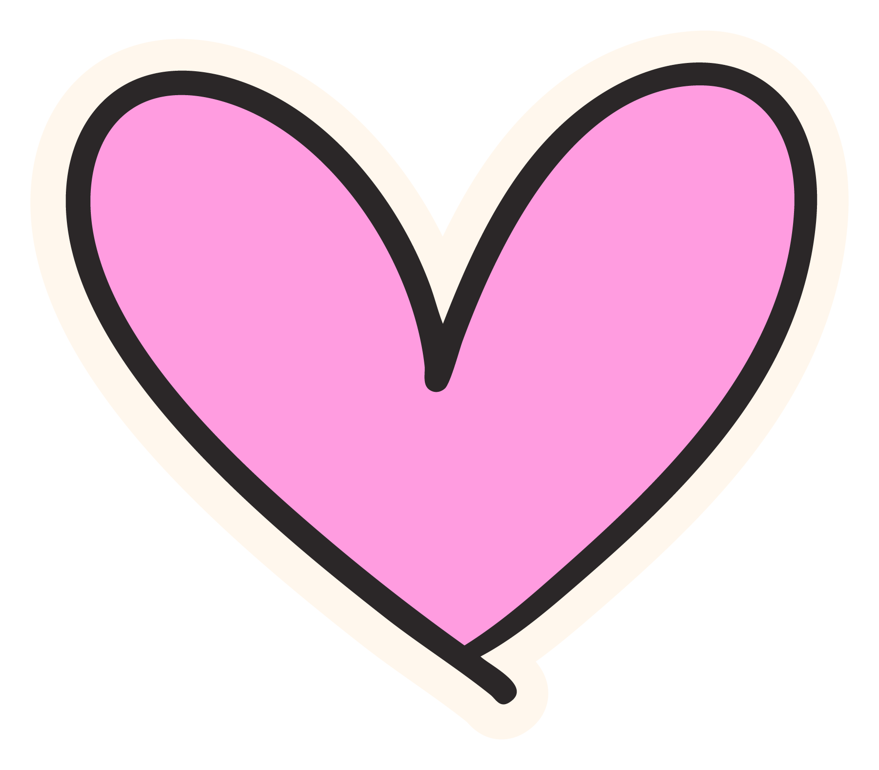 Pink heart with black outline on a black background.