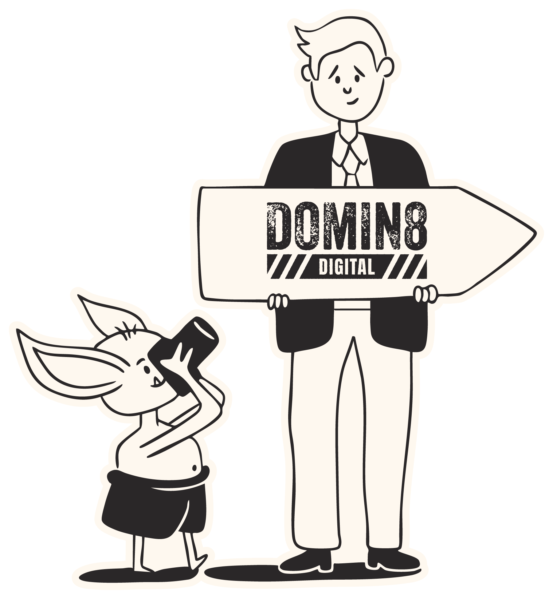 A cartoon illustration of a man in a suit holding a sign that says 'DOMINO DIGITAL' and a cartoon pig holding a phone to its ear.