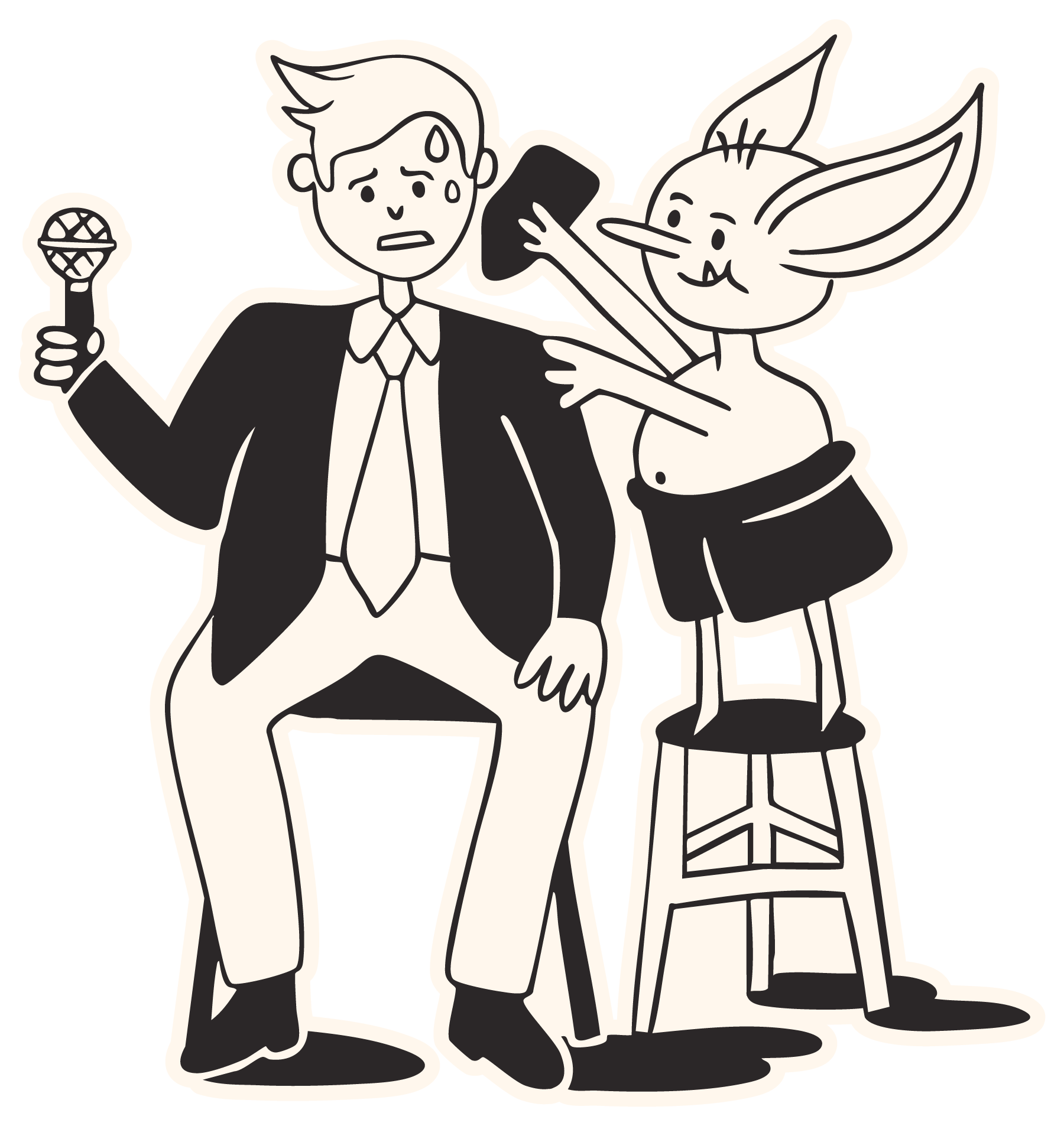 A cartoon illustration of a man in a suit and tie sitting on a stool holding a microphone, reacting with fear as a rabbit-like creature reaches over and touches his face, while the rabbit holds a mirror.