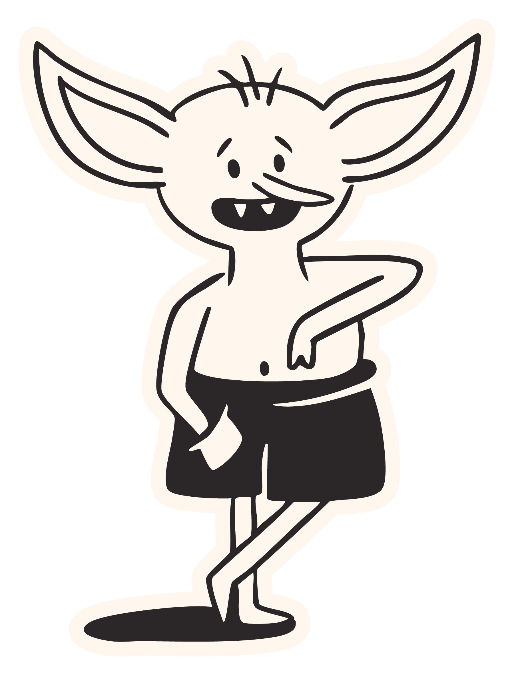 A cartoon character with large ears, a small nose, and a wide smile, wearing black shorts and no shirt, standing with one hand on its hip and the other hanging down.