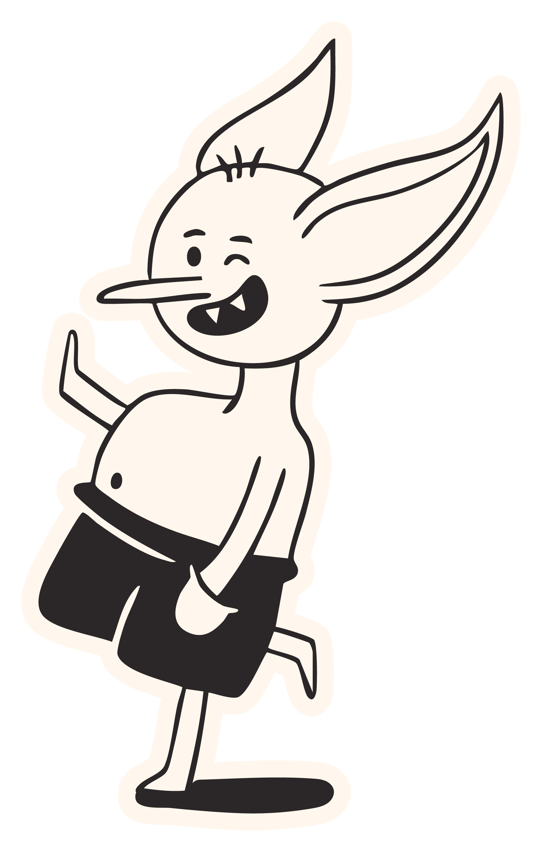 A cartoon character with large ears, a long nose, and a mischievous expression, waving one hand and wearing shorts.