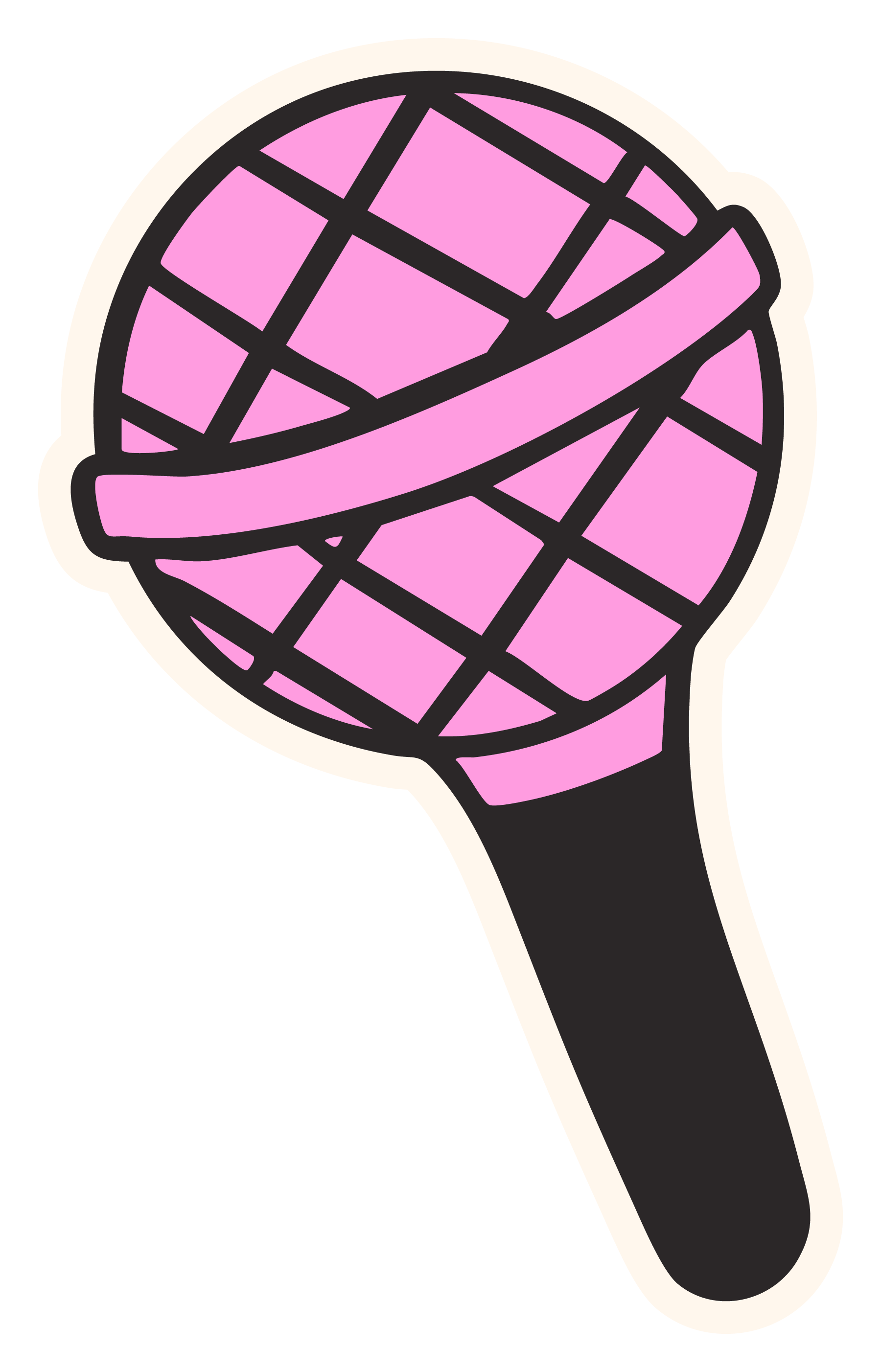 Cartoon illustration of a pink and black tennis racket on a black background.