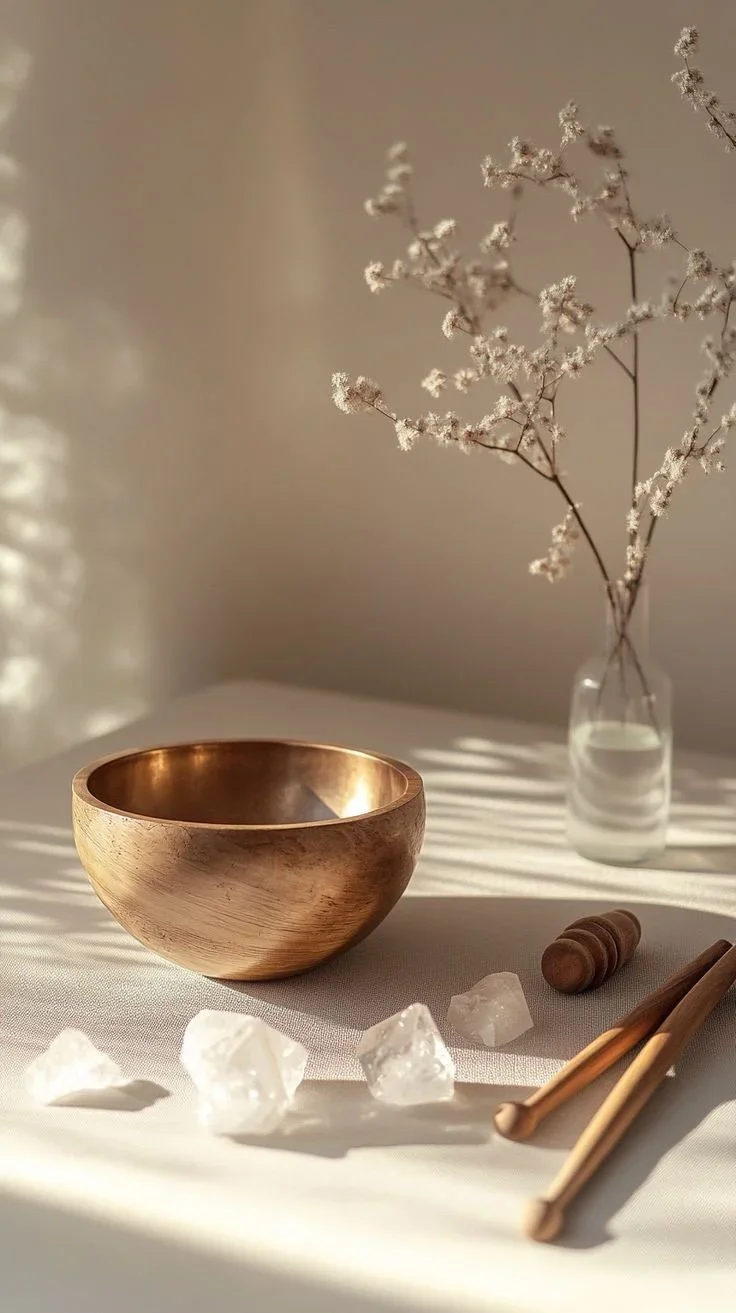 A still life scene with a wooden singing bowl, white crystals, a pair of wooden mallets, and a glass vase with dried white flowers, all illuminated by soft, natural light.