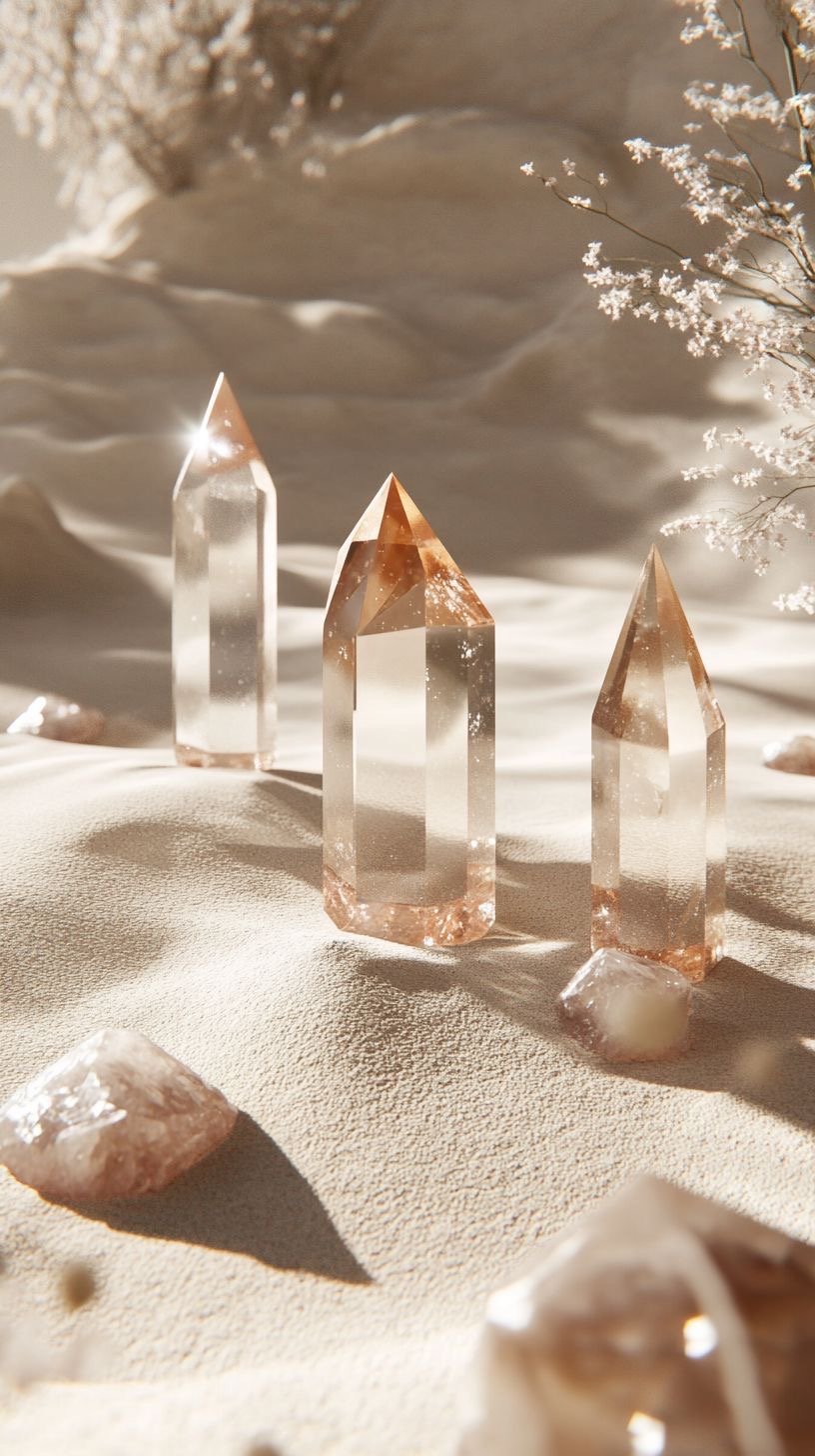 Three large clear quartz crystals with rose gold tips standing upright on a sandy surface, with smaller crystals and soft-focus snow-covered branches in the background.