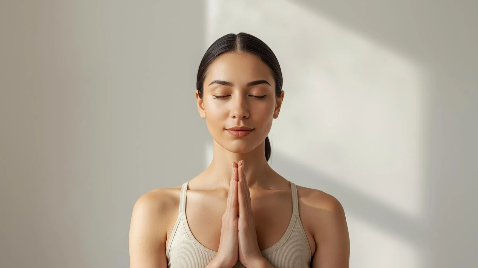 A young woman with closed eyes and clasped hands in a prayer position, practicing meditation or mindfulness indoors.