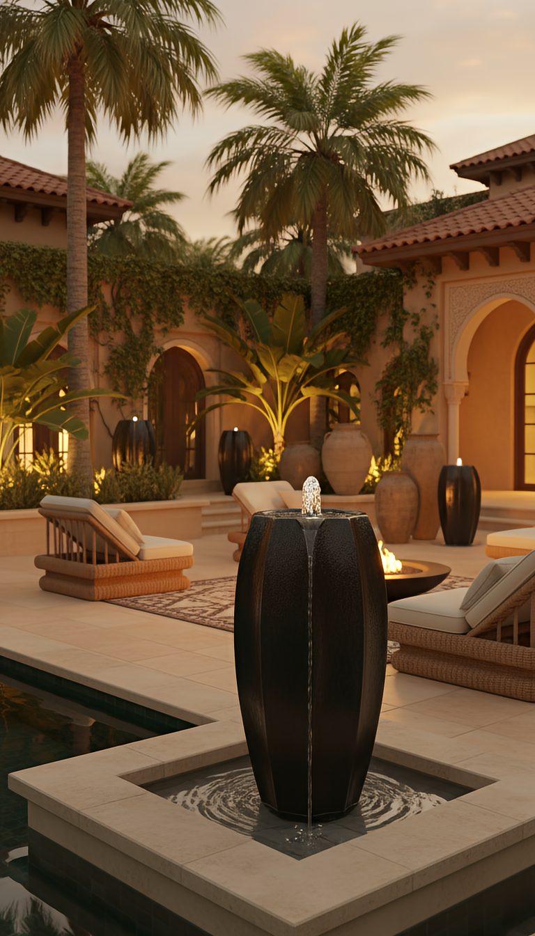 Elegant outdoor patio with a water fountain, lounge chairs, large potted plants, palm trees, and warm lighting at sunset.