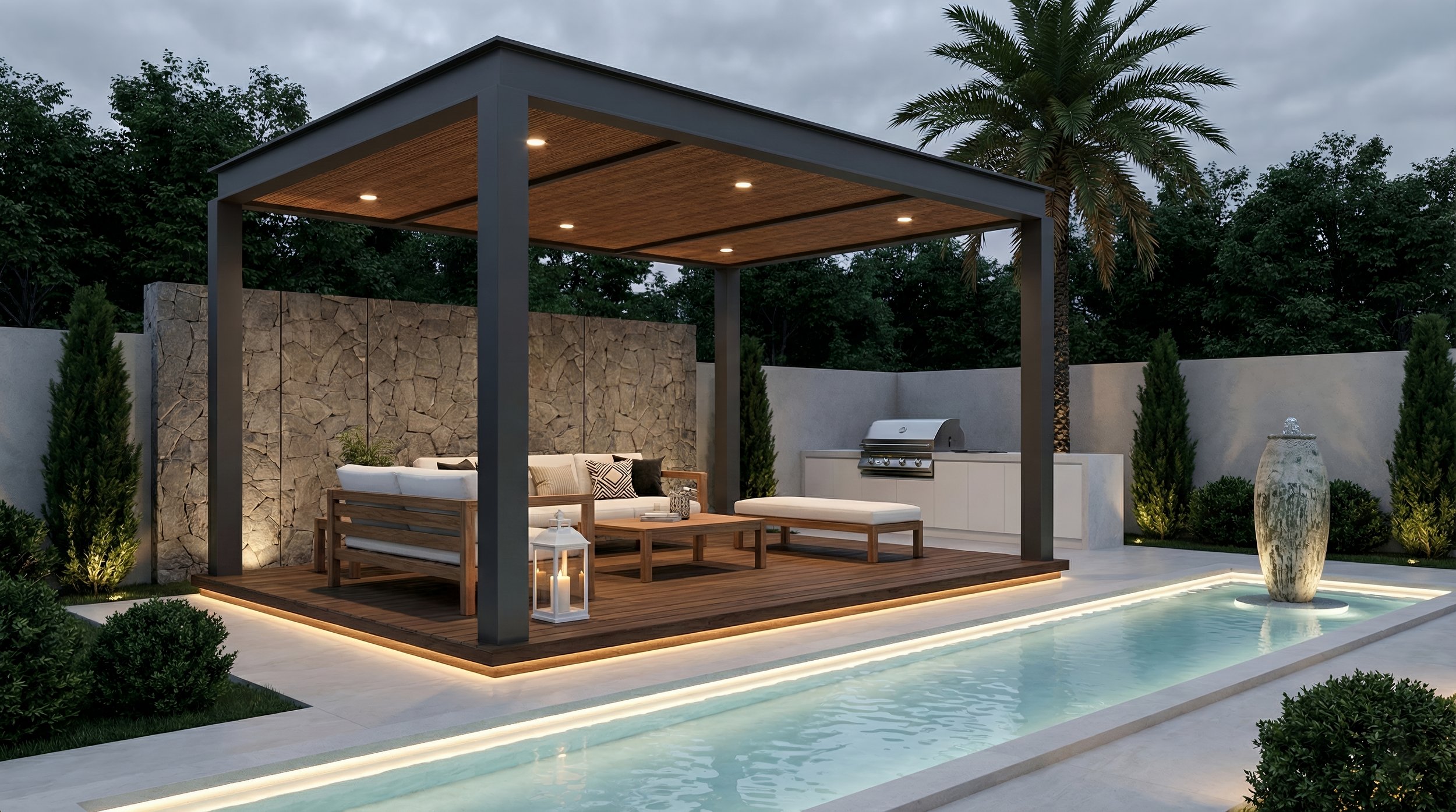Outdoor patio with seating area under a pergola, beside a swimming pool with a fountain, surrounded by greenery and a stone wall.