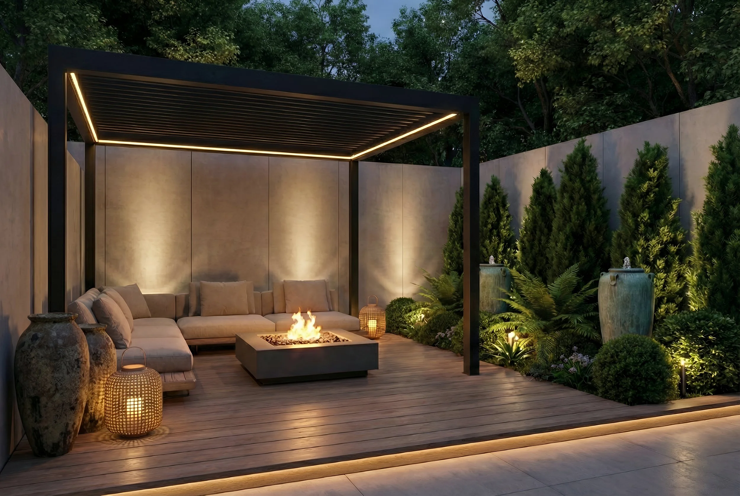 Outdoor patio with a beige sectional sofa under a black pergola with built-in lighting, a fire feature in the center, decorative vases, lanterns, lush plants, and a privacy wall, illuminated at dusk.
