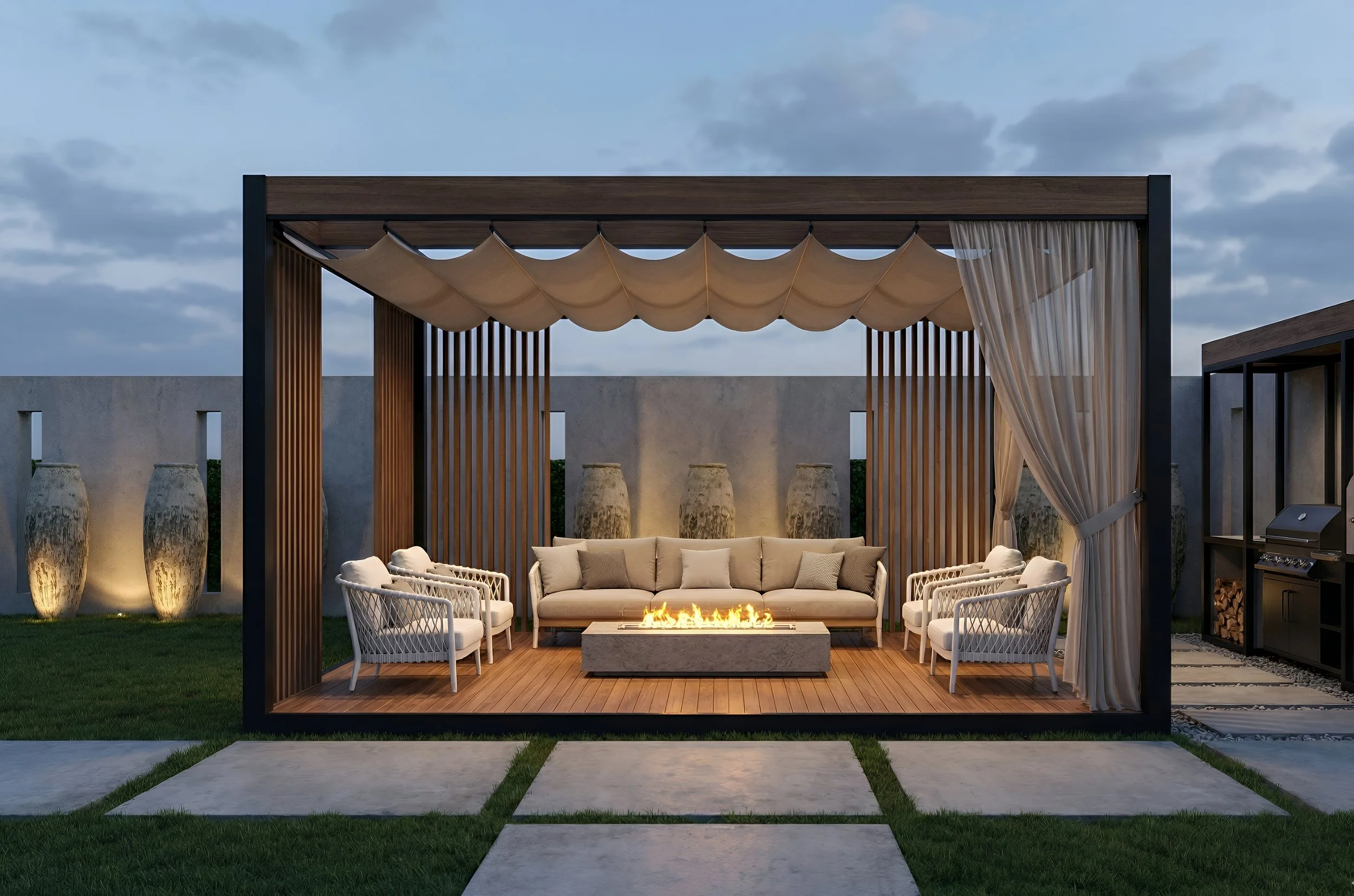 An outdoor patio with a shaded seating area featuring a central firepit, cushioned chairs, and a sofa, illuminated at dusk.