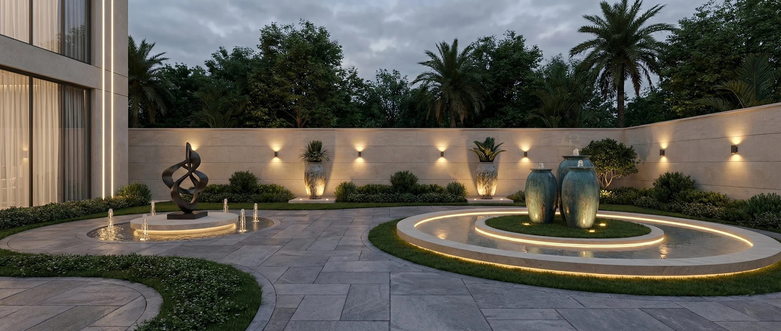 Luxury outdoor patio with modern fountain, ceramic vases, landscaped greenery, and ambient lighting