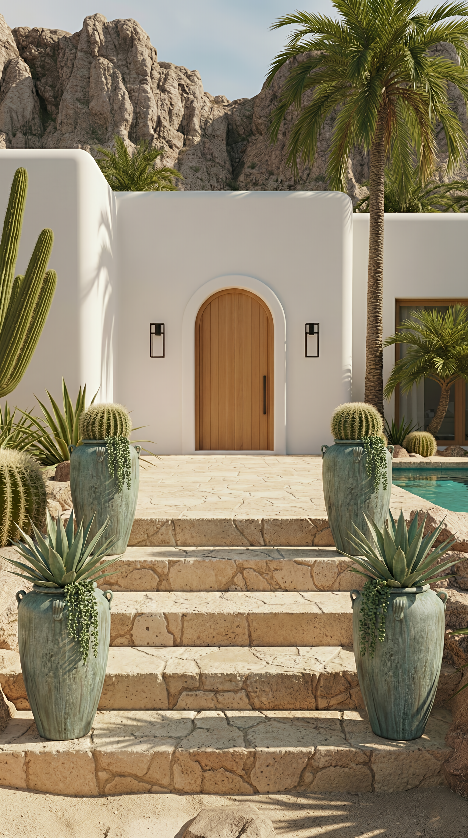 Bright white modern house with wooden arched door, surrounded by desert plants and cacti, with stone steps leading up to it and mountains in the background.