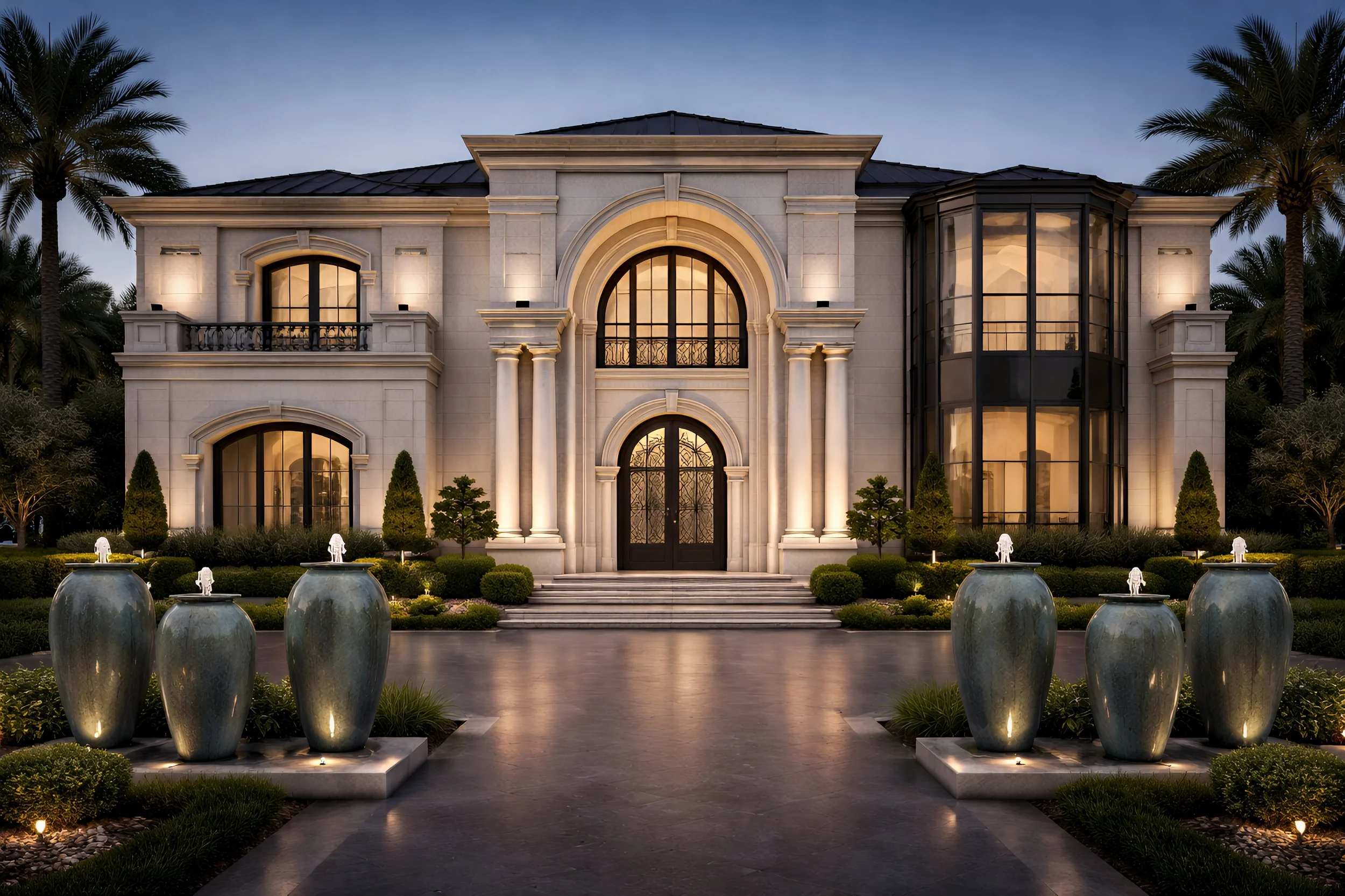 Luxurious mansion with columns and curved glass features, landscaped front yard with fountains and palm trees, illuminated at dusk.