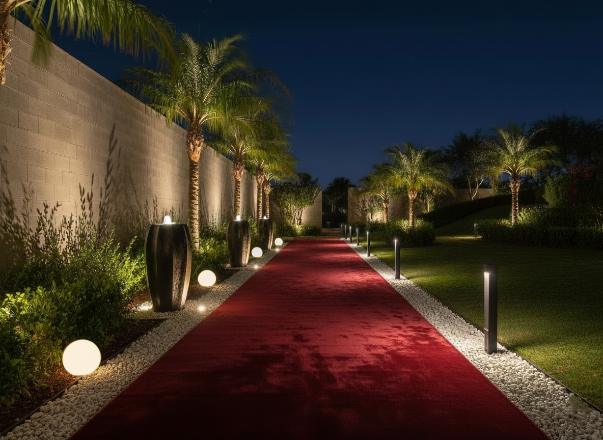 A nighttime view of an illuminated garden pathway with palm trees, decorative vases, and modern pathway lights alongside a red carpet, bordered by green shrubs and a stone wall in the background.