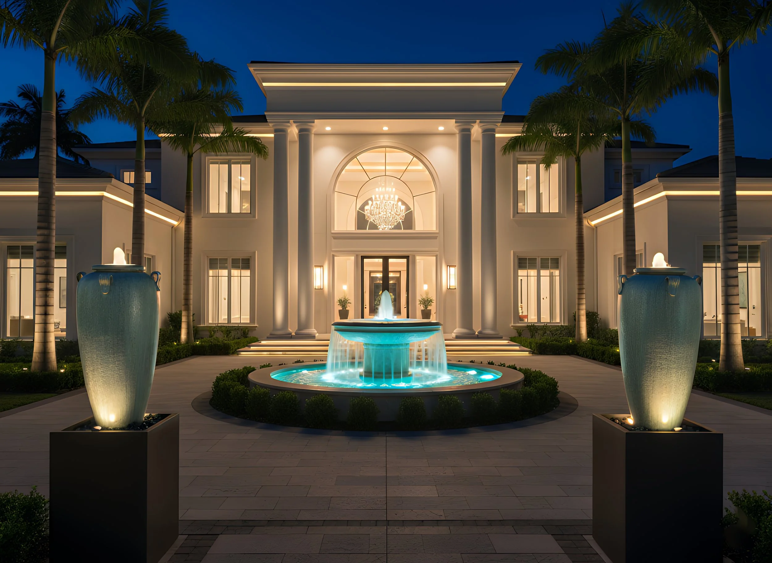 Luxurious mansion at night with a well-lit fountain in front, surrounded by palm trees and decorative urns, with an elegant chandelier visible through the large windows.
