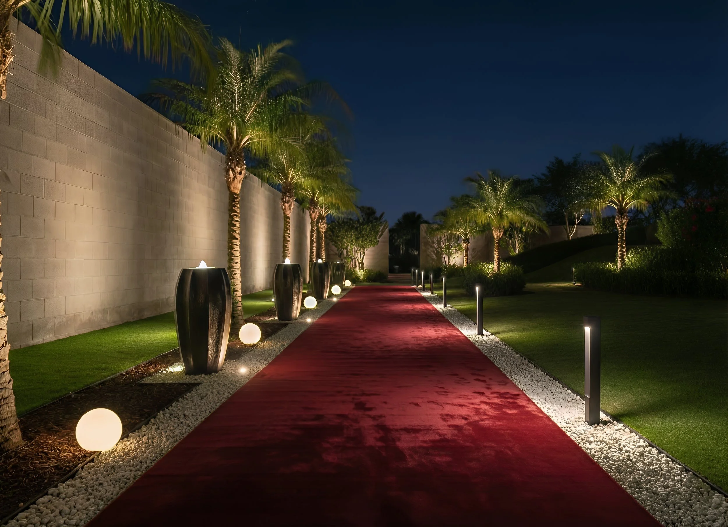 Nighttime garden pathway with red carpet, illuminated by ground lights, bordered by palm trees in large urns and small round lights, flanked by green grass and a stone wall on the left.