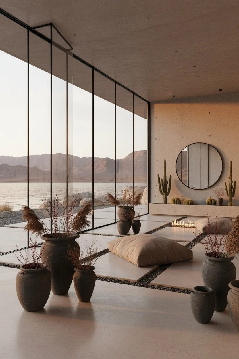 Modern interior with large floor-to-ceiling windows overlooking a lake and mountains. Decor includes multiple vases with dried plants, a round mirror on the wall, and a low platform with round decorative objects and cacti.