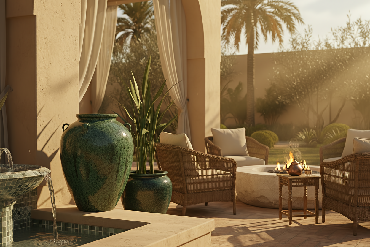 A patio scene with wicker chairs, a fire pit, potted plants, a fountain, and a lush garden with palm trees in the background.