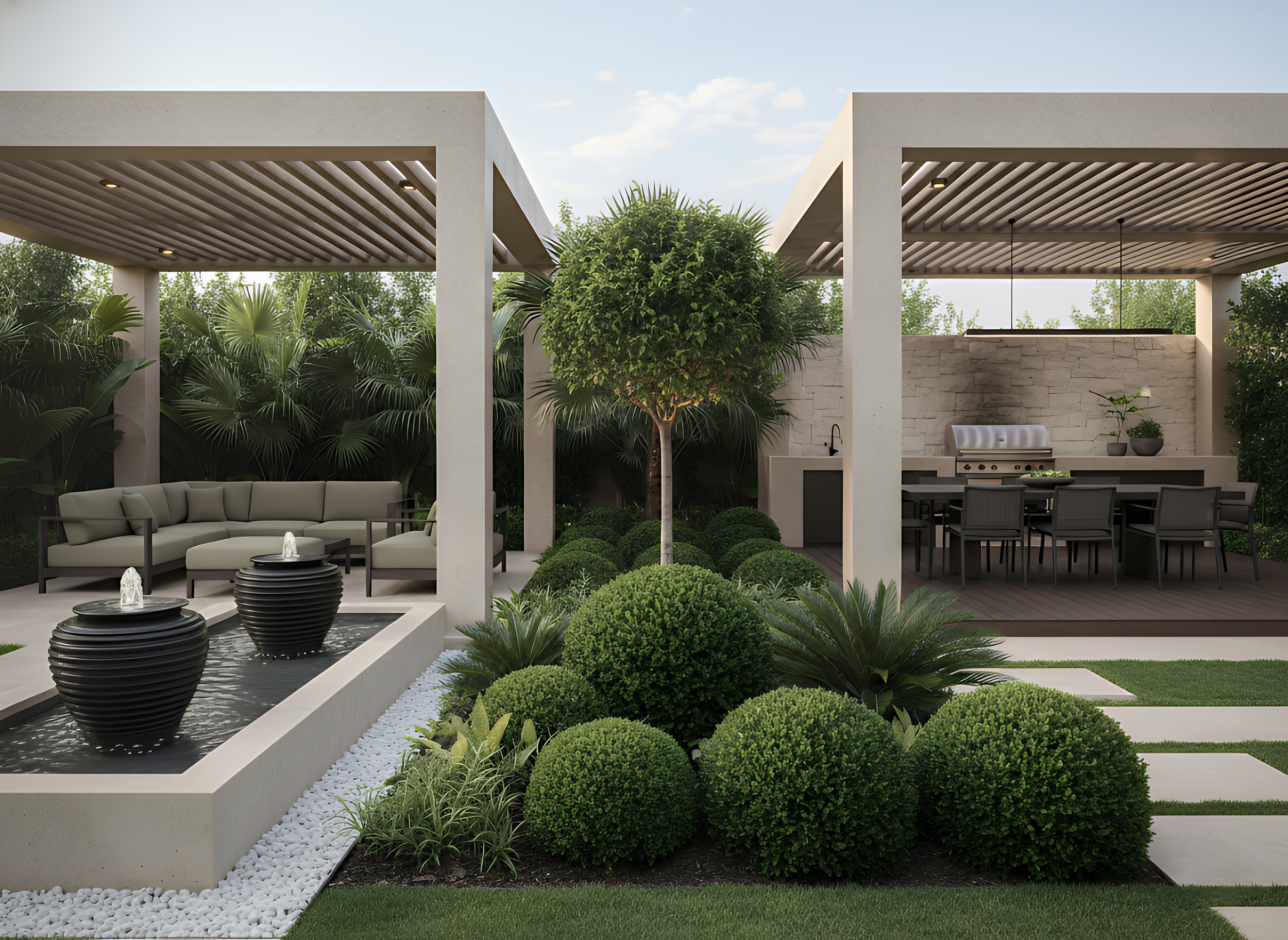 Modern outdoor living space with lounge area, water fountain feature, lush plants, and an outdoor kitchen with dining table on a patio.