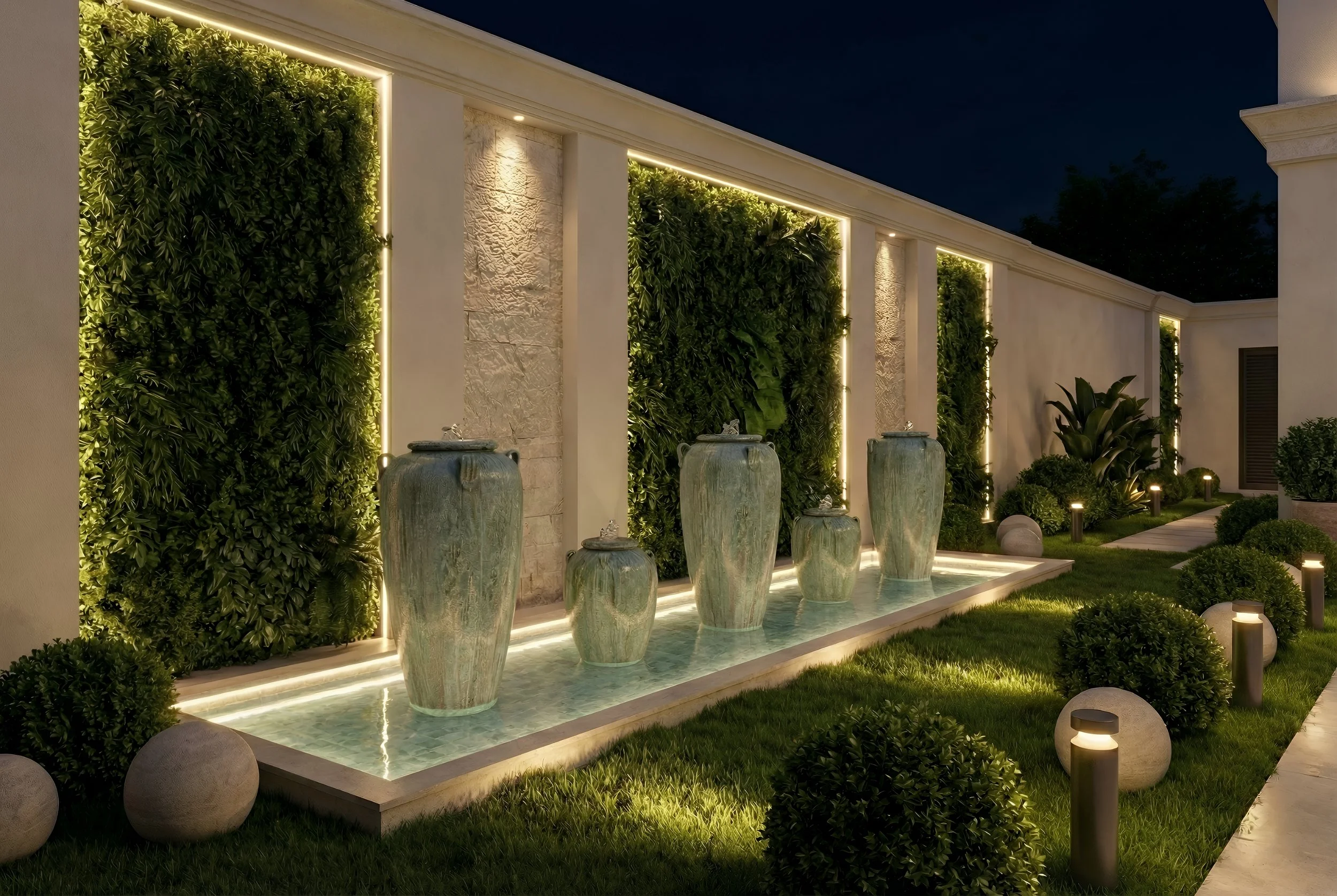 Night view of a modern outdoor courtyard with a water feature, large ceramic vases, lush green plants, and decorative lighting.