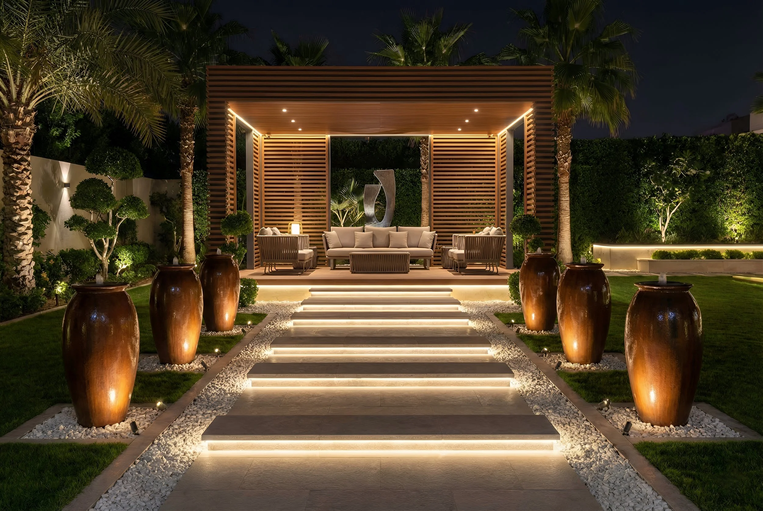 Night view of an illuminated outdoor lounge area with a wooden pavilion, beige seating, potted plants, and decorative sculptures, surrounded by palm trees and landscaping lights.