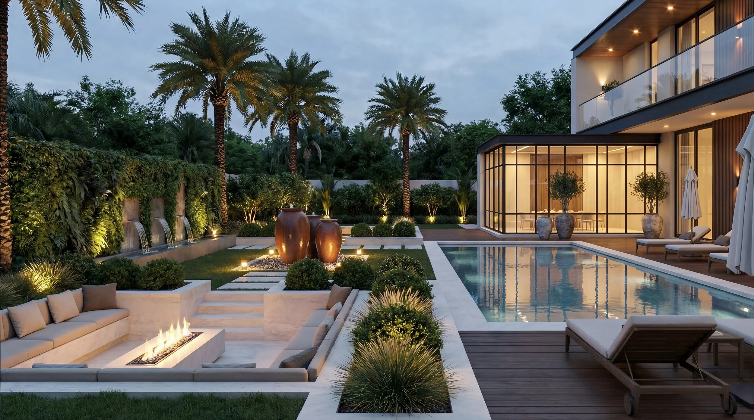 Luxury modern backyard with a swimming pool, patio seating, palm trees, vases, and a glass enclosed sunroom at dusk.