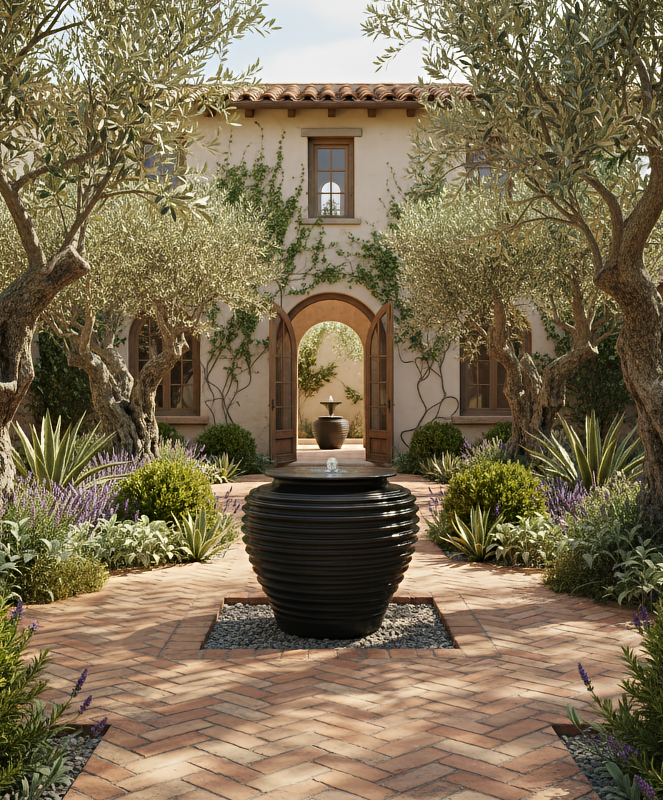 A courtyard garden with a large, black, spiral fountain in the center, surrounded by lush green plants, trees, and a white building with upper-story windows and wooden doors in the background.