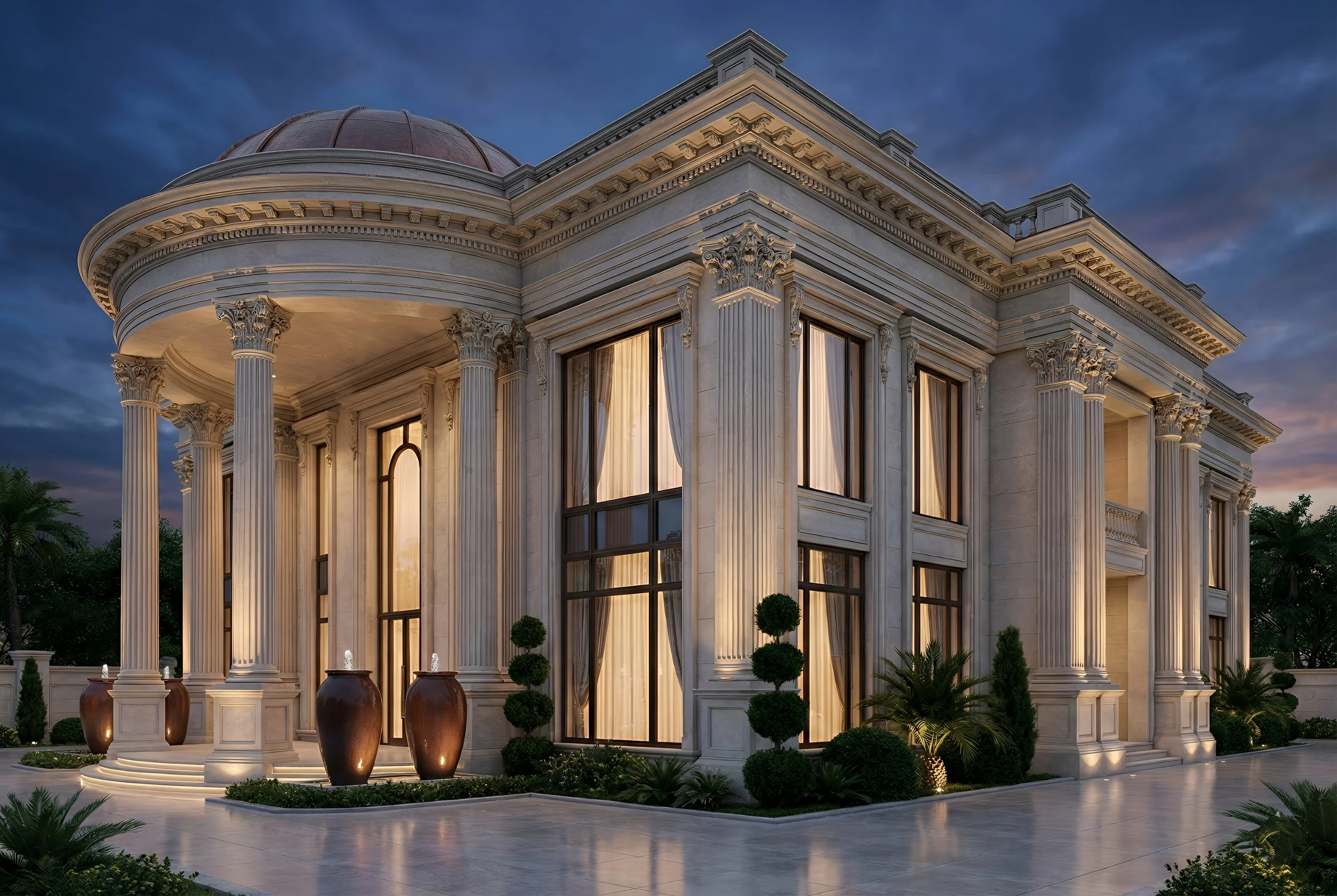 Luxurious mansion with classical architecture, large columns, and illuminated windows at dusk.