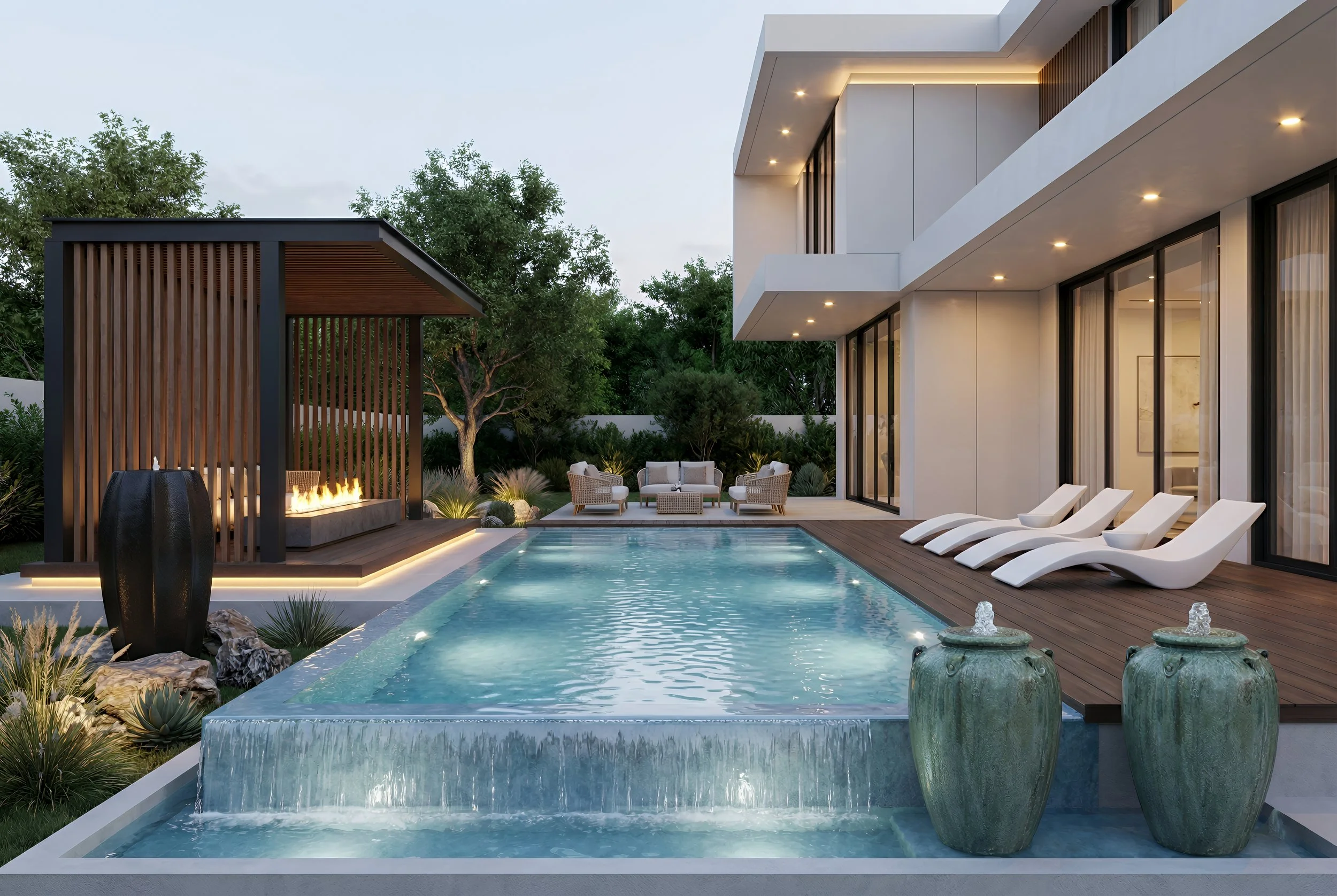 Modern backyard with swimming pool, poolside lounge chairs, fire feature, outdoor seating area, lush greenery, and contemporary architecture.