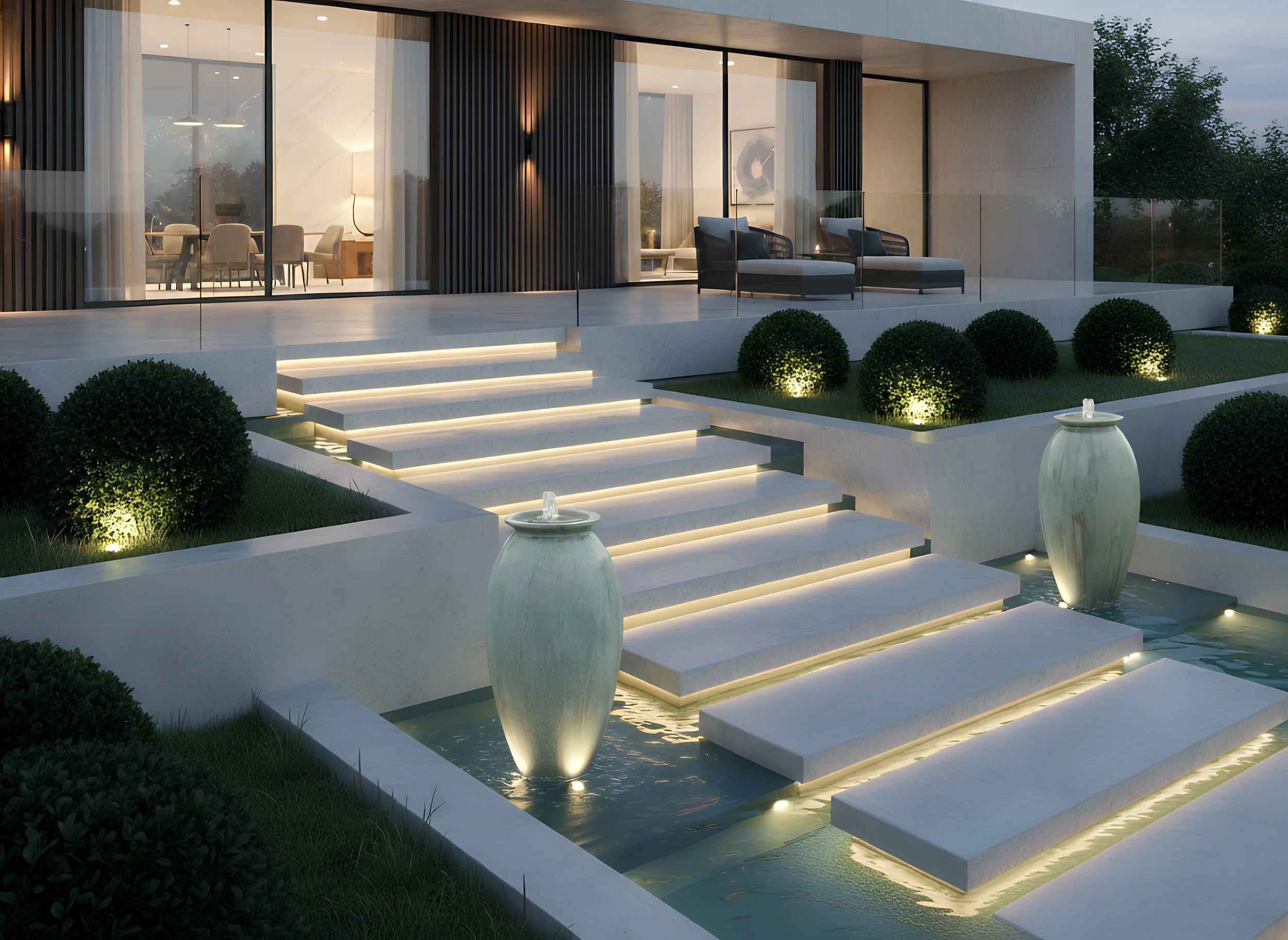 Modern house exterior with illuminated stairs, water features with vases, and patio furniture, during evening.
