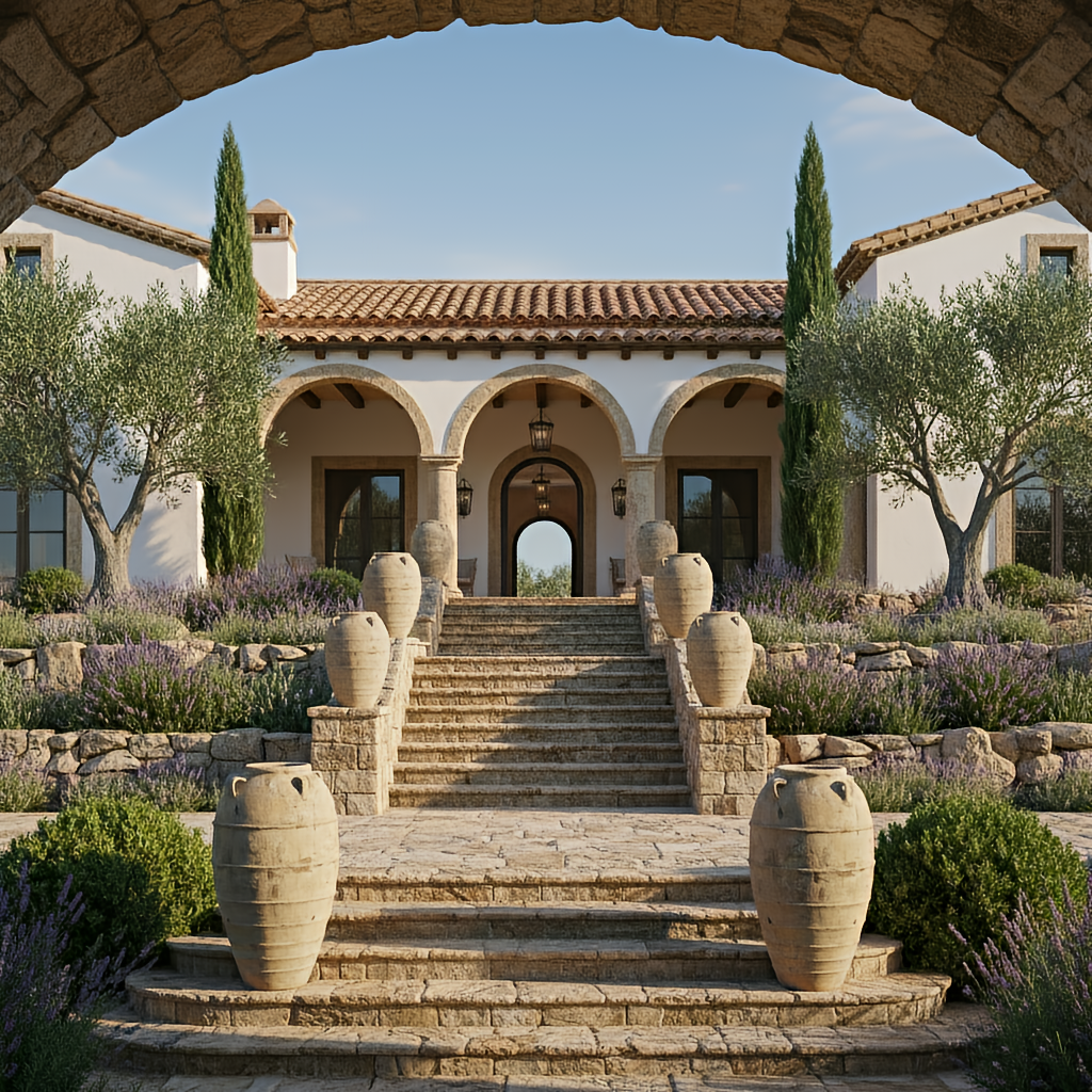 A Mediterranean-style house with a red tile roof, arched doorways, and a stone staircase leading up to the entrance, framed by an archway, with olive trees and lavender bushes in the garden.