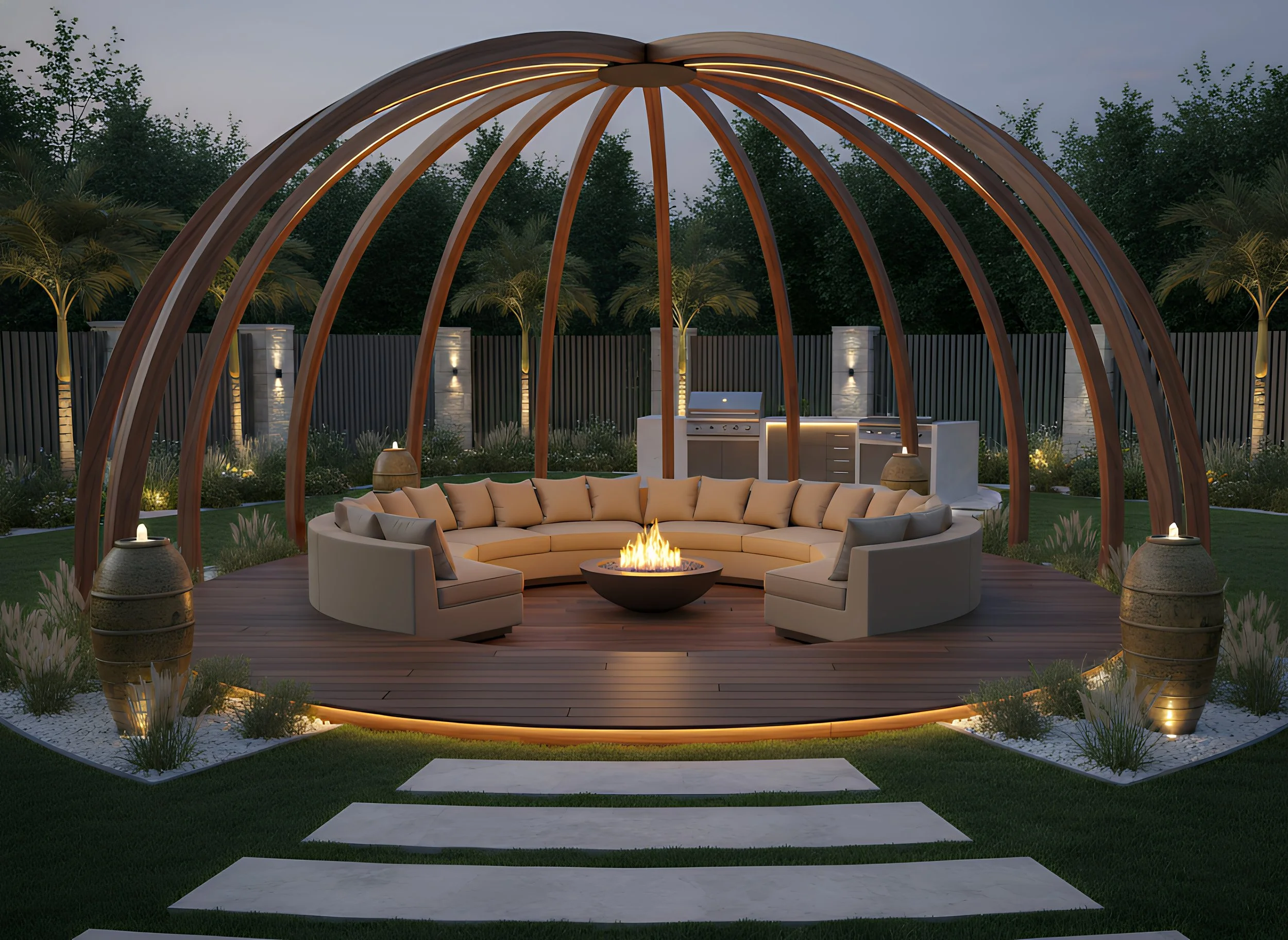 Outdoor seating area with a fire pit, surrounded by cushioned chairs, under a wooden arch structure, with outdoor kitchenette in the background, surrounded by greenery and landscape lighting at dusk.