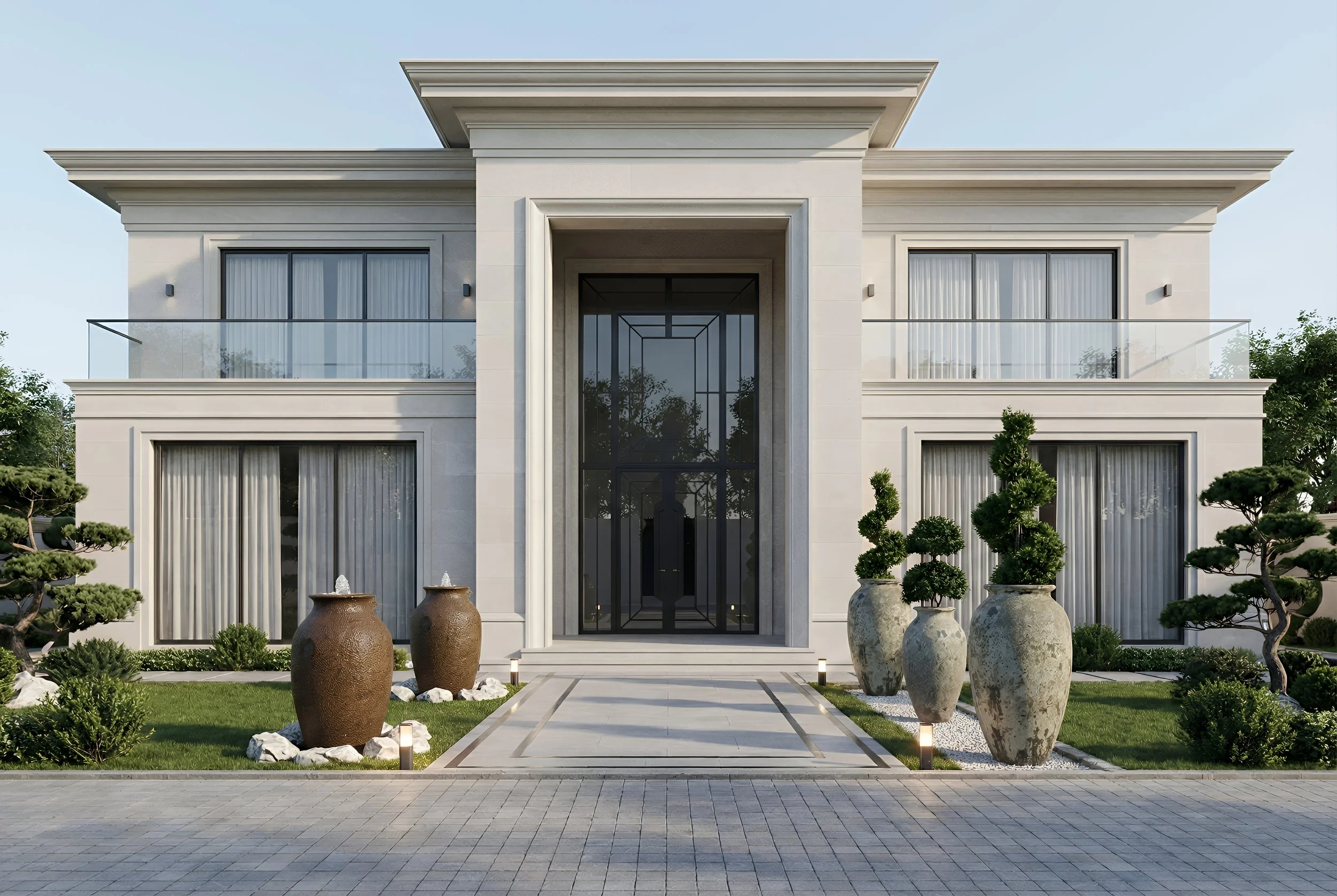 Front view of a modern, white two-story house with large windows, glass balconies, and decorative potted plants in the yard.