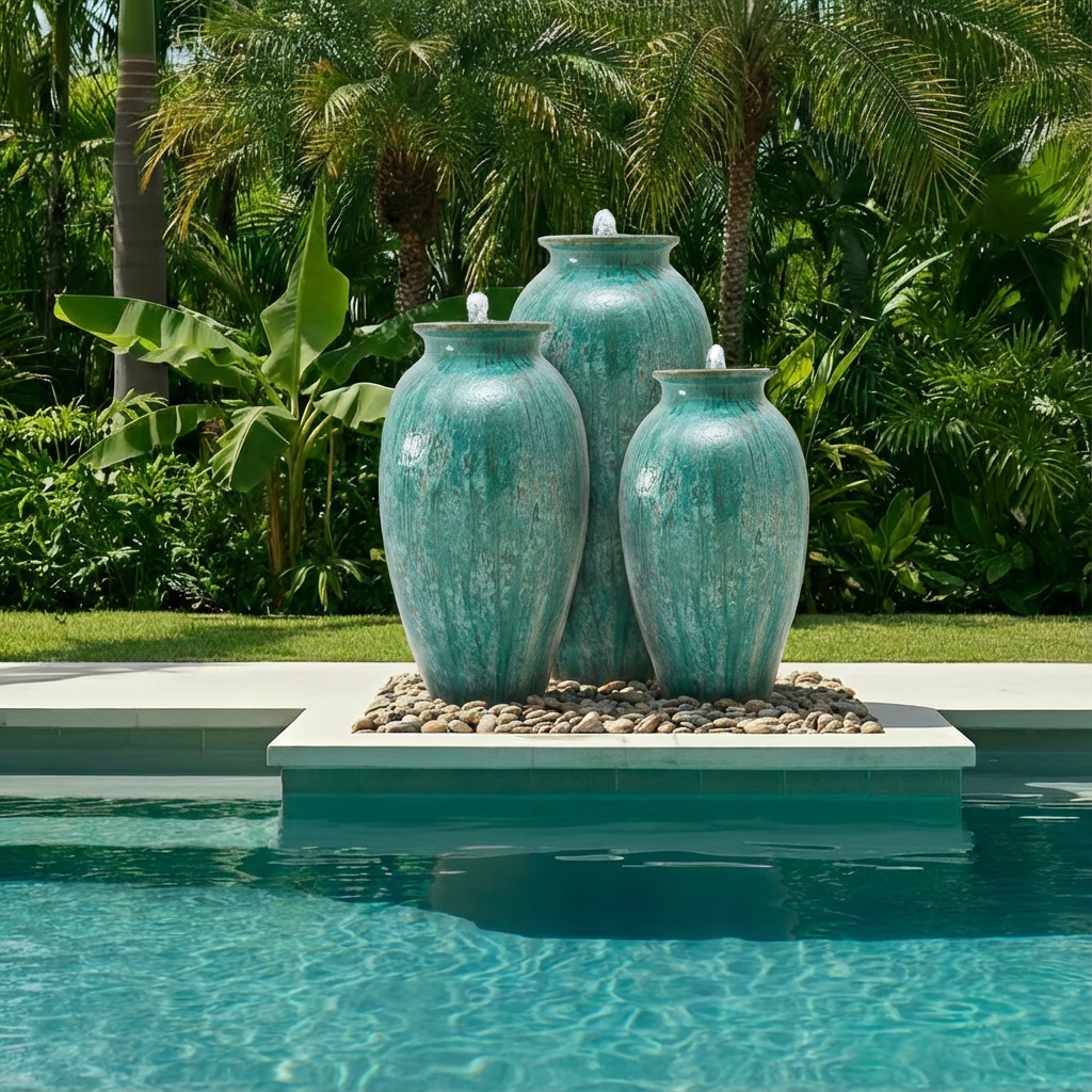 Three large turquoise vases with fountains on top, set on a stone platform by a swimming pool, with lush green tropical plants in the background.