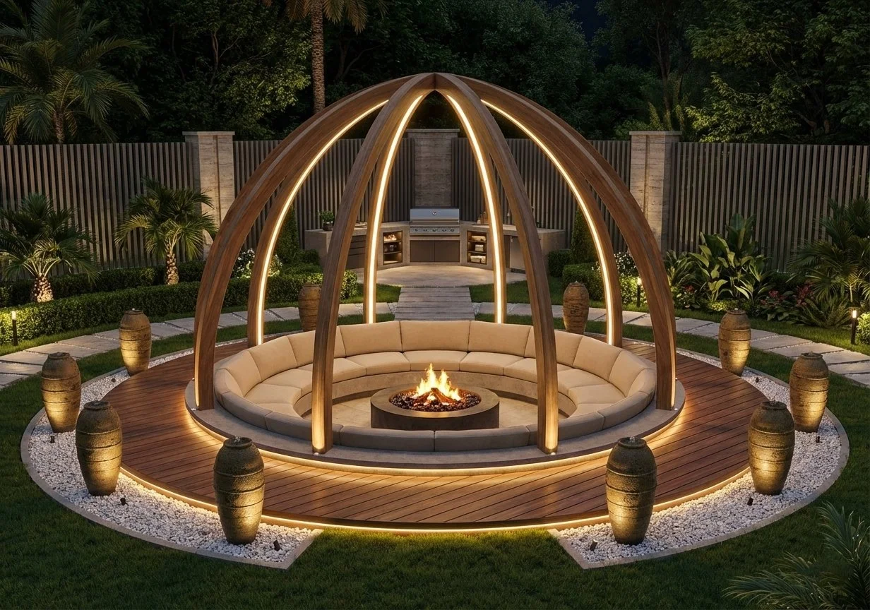 Backyard with a circular fire pit, surrounding seating, and a wooden and illuminated dome structure, with planters and lush greenery, at night.