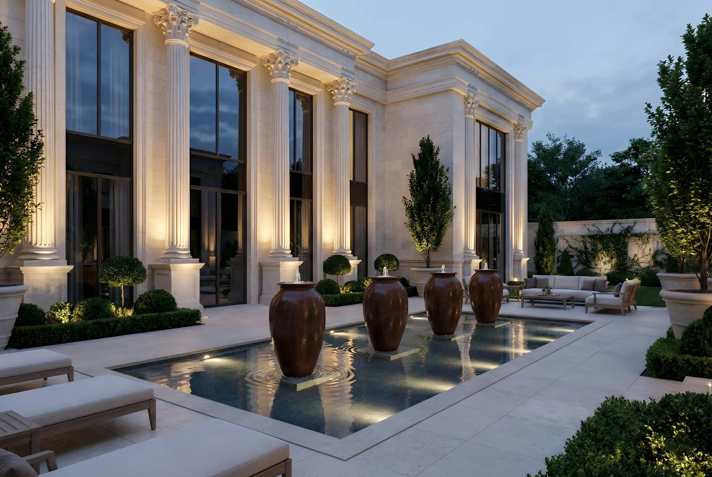 Luxury home exterior featuring a stone patio with a rectangular fountain with four large brown vases with water spouts, surrounded by outdoor seating and greenery, illuminated by soft lighting at dusk.