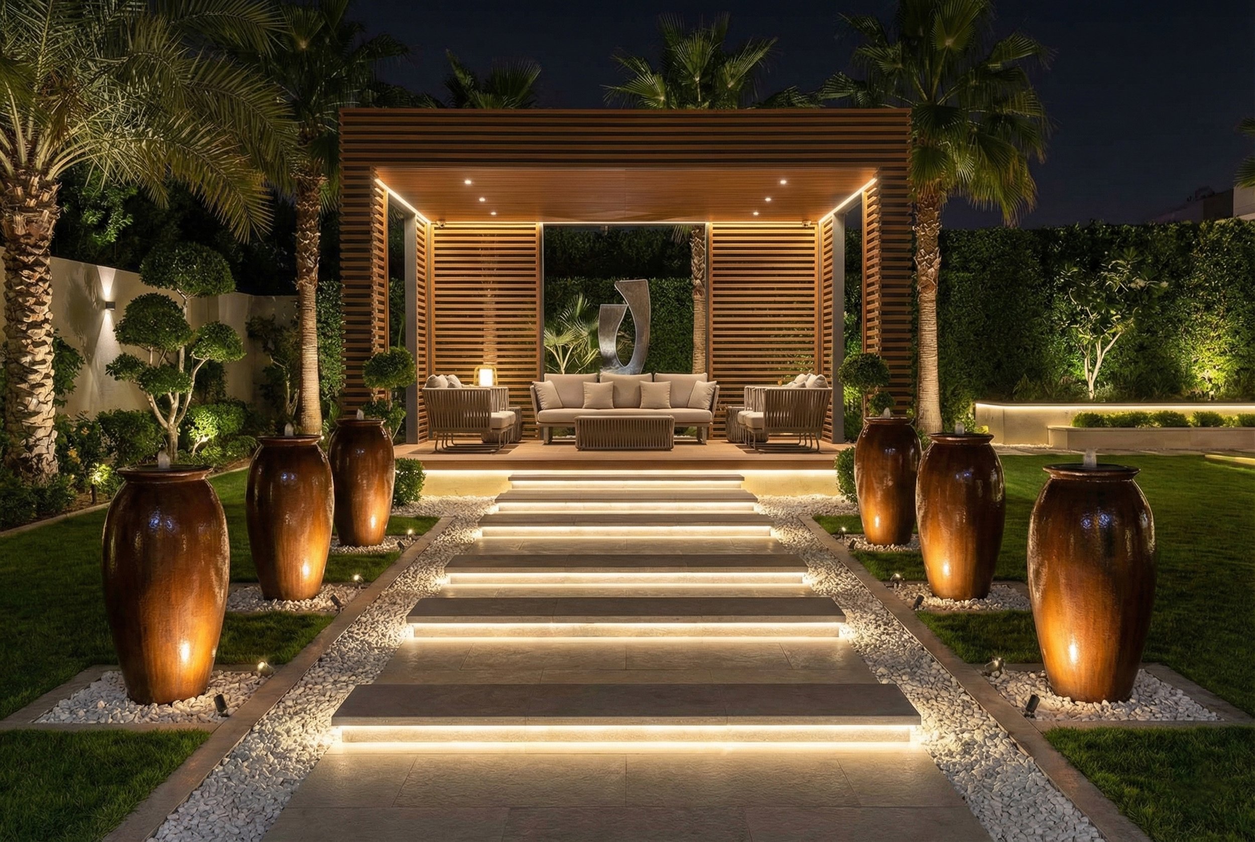 Nighttime outdoor patio with a modern wooden pergola, seating area, illuminated pathway, large potted plants, palm trees, and garden lighting.
