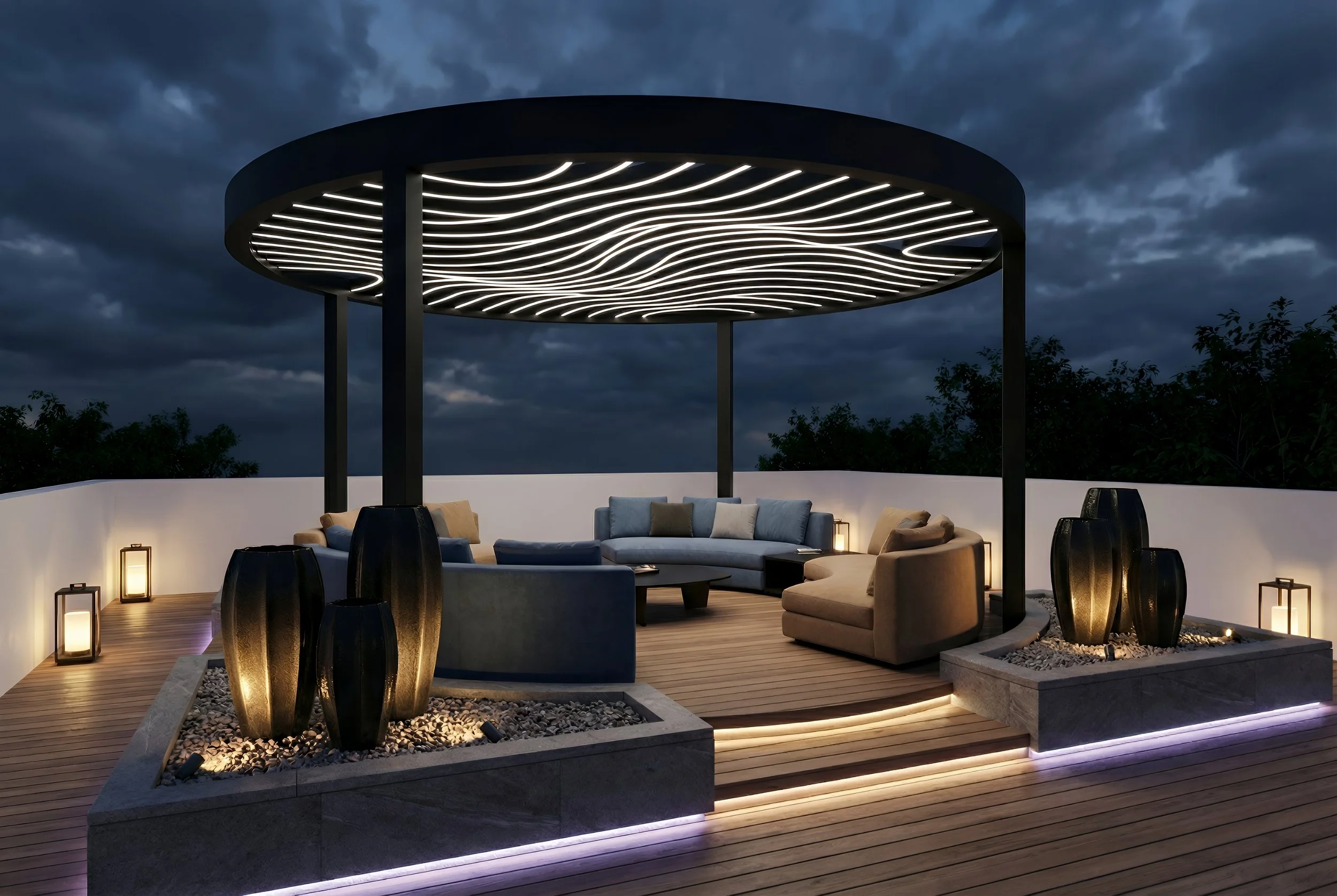 Outdoor modern seating area at night with a circular canopy with illuminated wavy design, surrounded by textured vases and lanterns, on a wooden deck with a white curved wall.