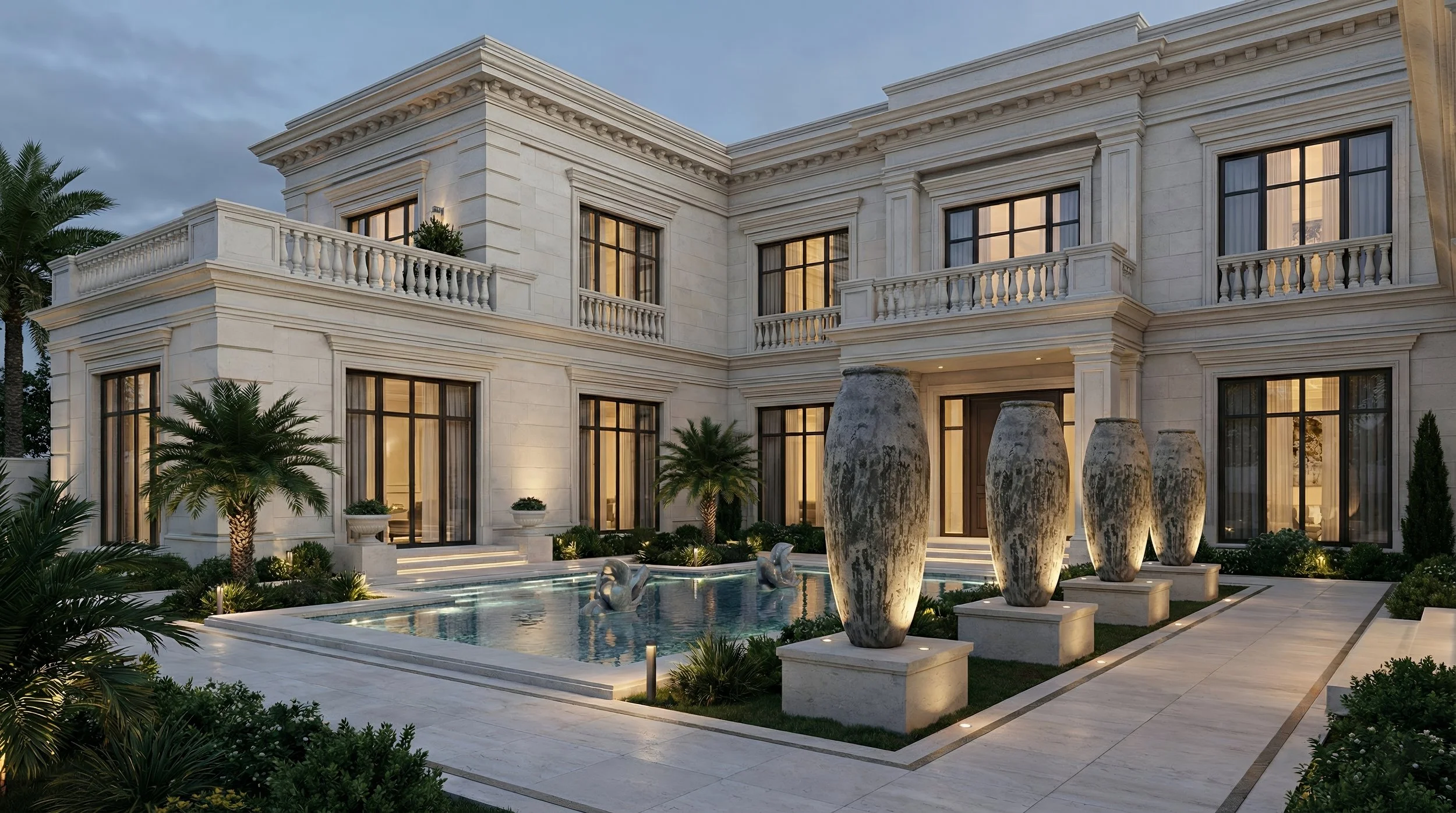 Luxury mansion with a fountain and sculptures in the backyard, at dusk.