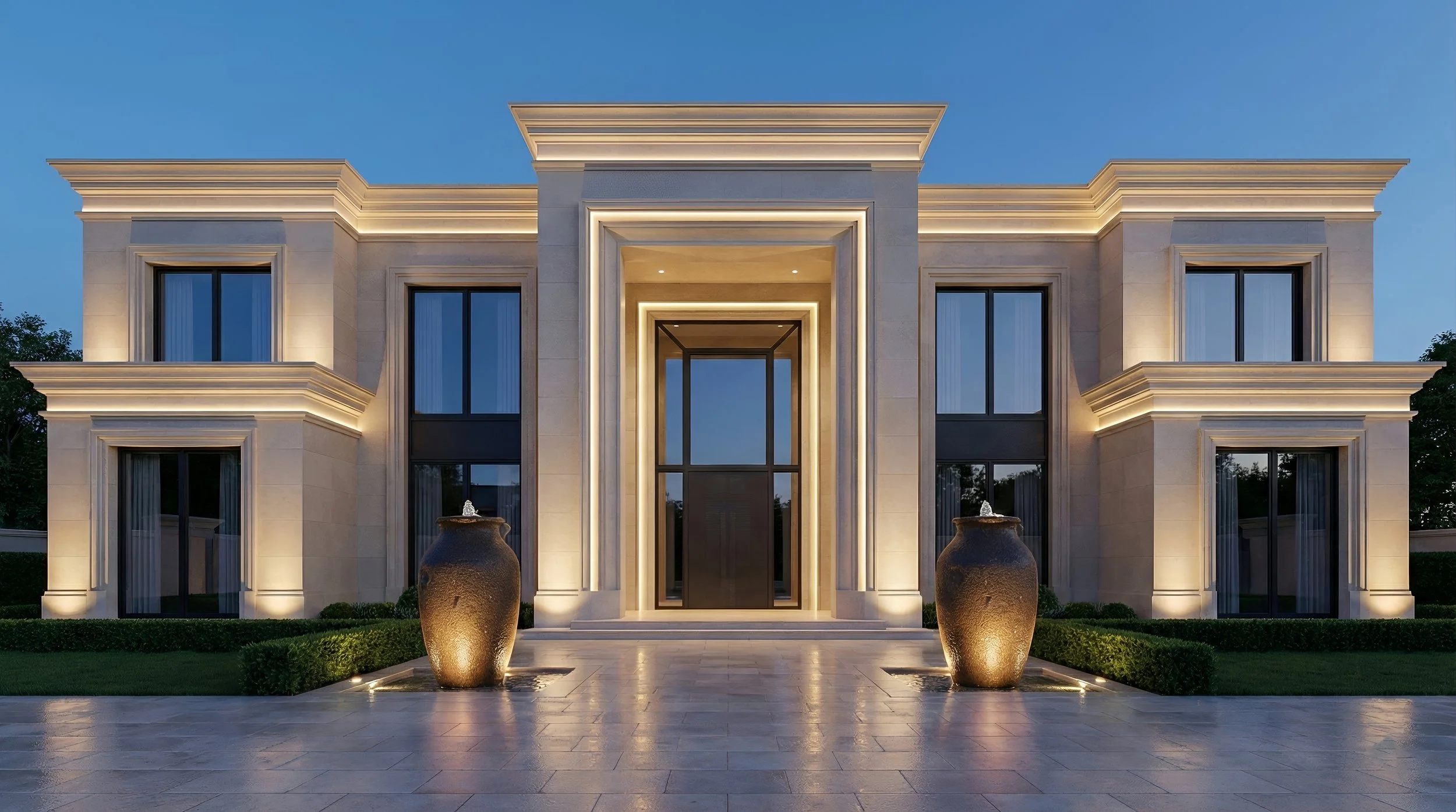 Luxury modern house with illuminated steps, large glass windows, and two water fountains at night.