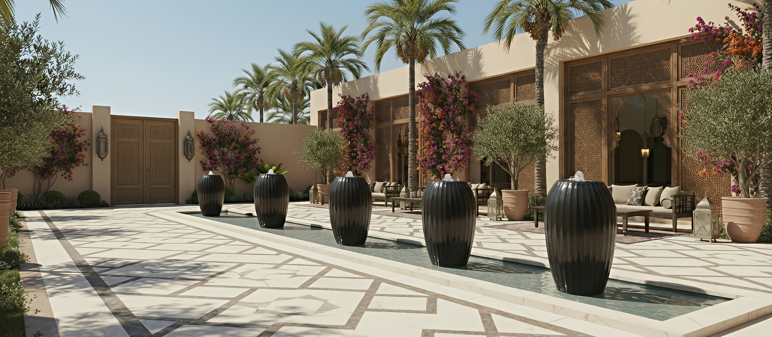 A luxurious outdoor courtyard with a modern design, featuring a long water fountain with five large black vases, surrounded by palm trees, potted trees, colorful flowering bushes, and outdoor seating, with a beige building backdrop and a clear blue sky.
