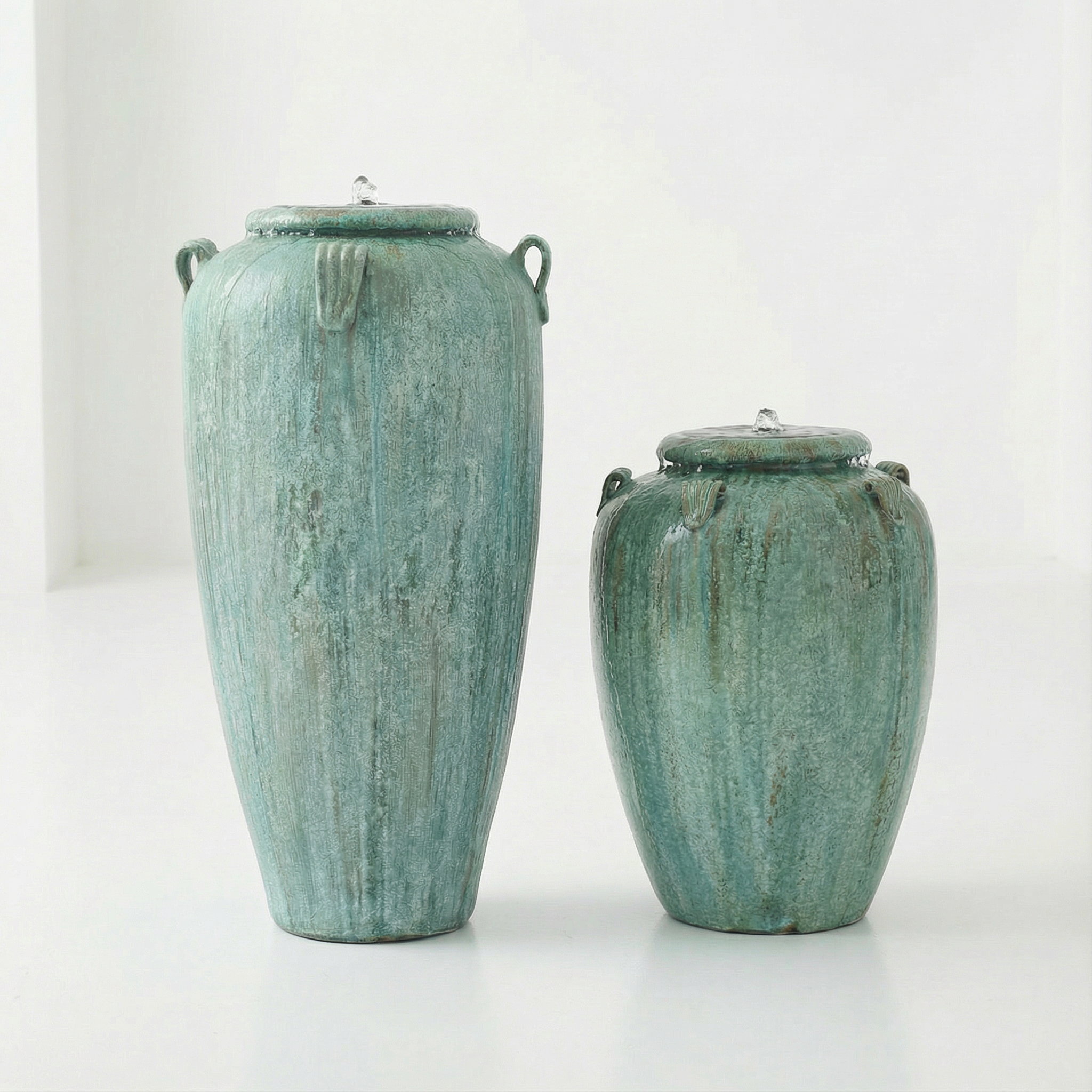 Mihrab Jar Water Fountain — Opal Green Crystalline Glaze (Family of Two)