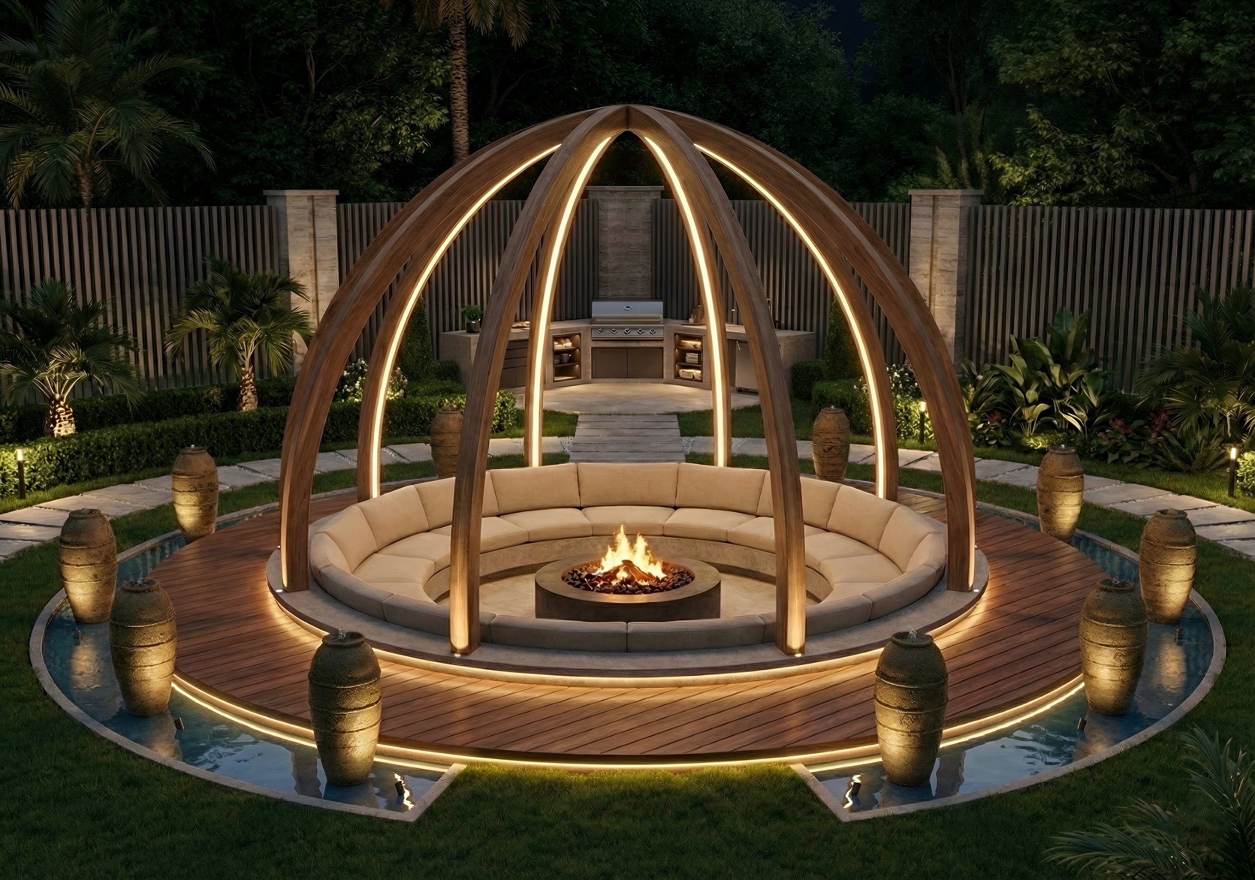 Outdoor fire pit with circular seating, wooden pergola structure, and ambient lighting in a lush backyard garden at night.