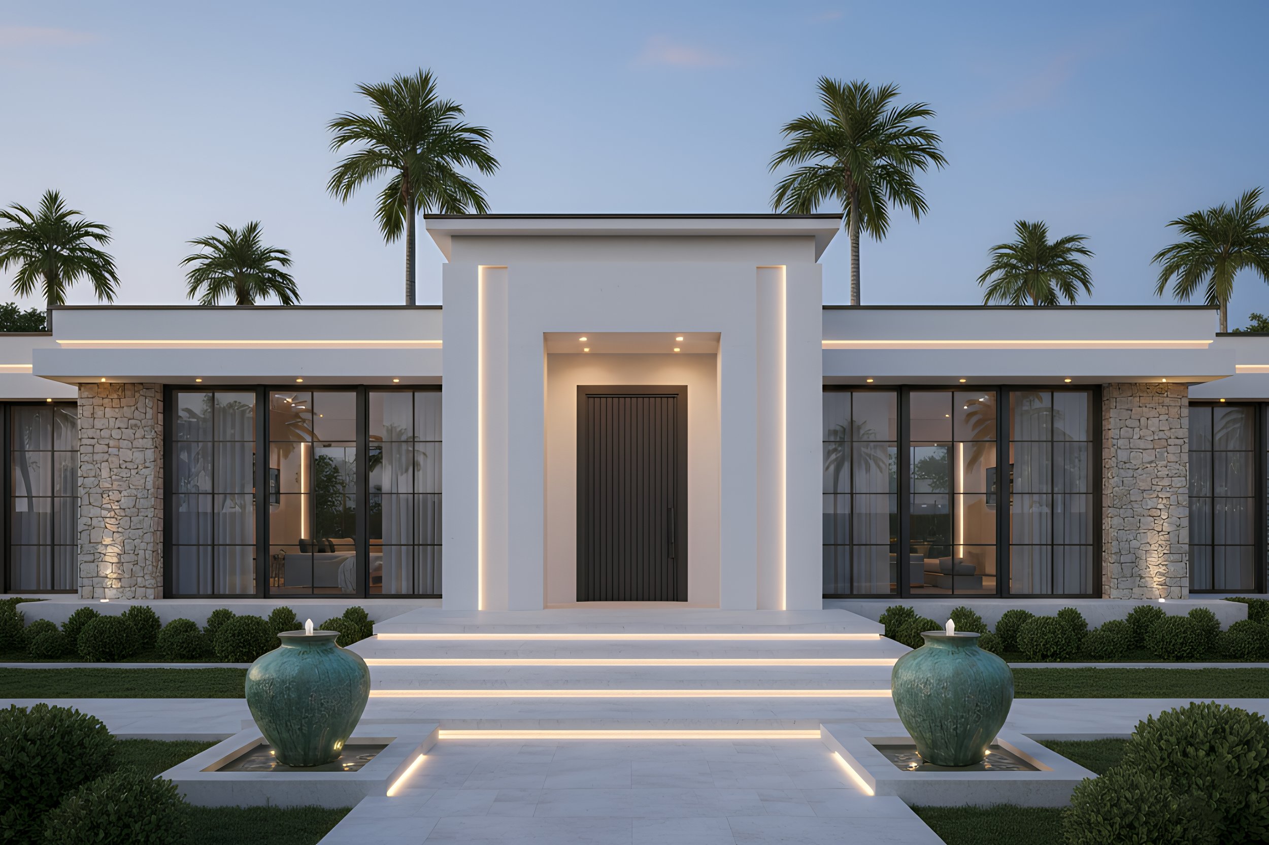 Modern white house with stone accents, large glass windows, and palm trees in the background. Front stairs lead to a black door, flanked by two large decorative water jars. Well-maintained lawn and landscaping with bushes.