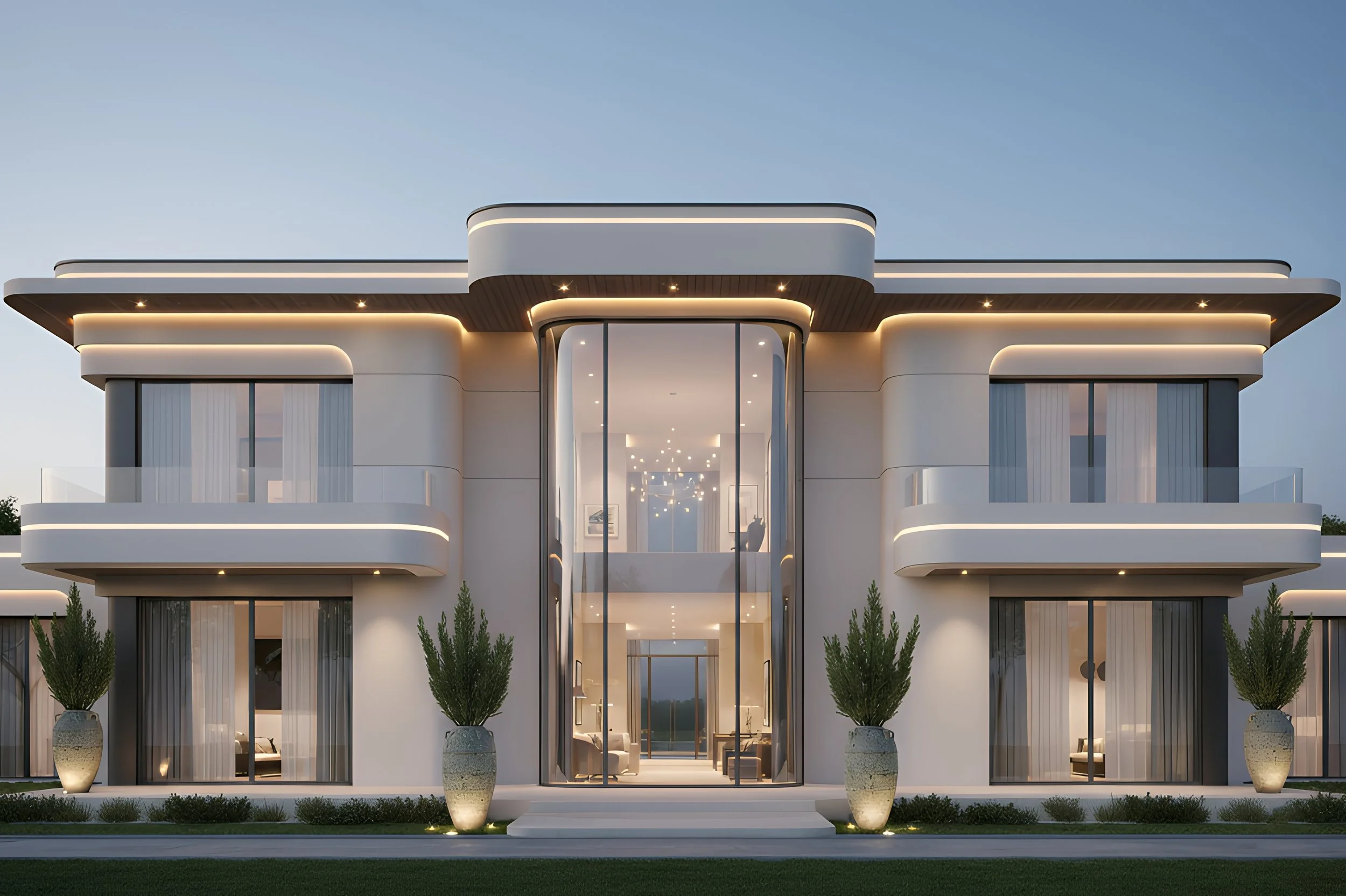 Modern two-story house with large glass front entrance, curved balconies with glass railings, and potted plants outside