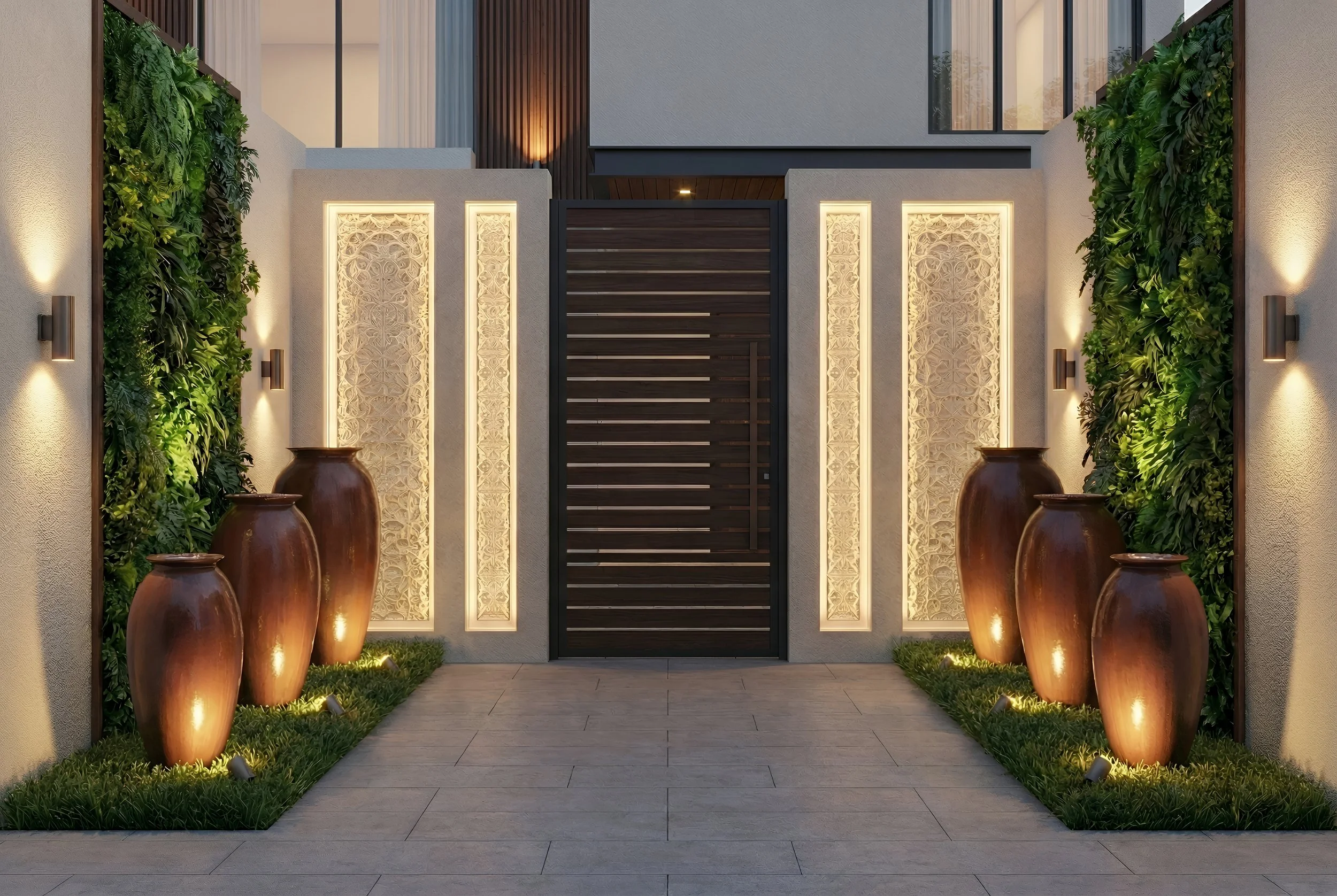 Modern residential entrance with a dark wooden gate, decorative wall panels, greenery, and large brown vases illuminated by pathway lights.