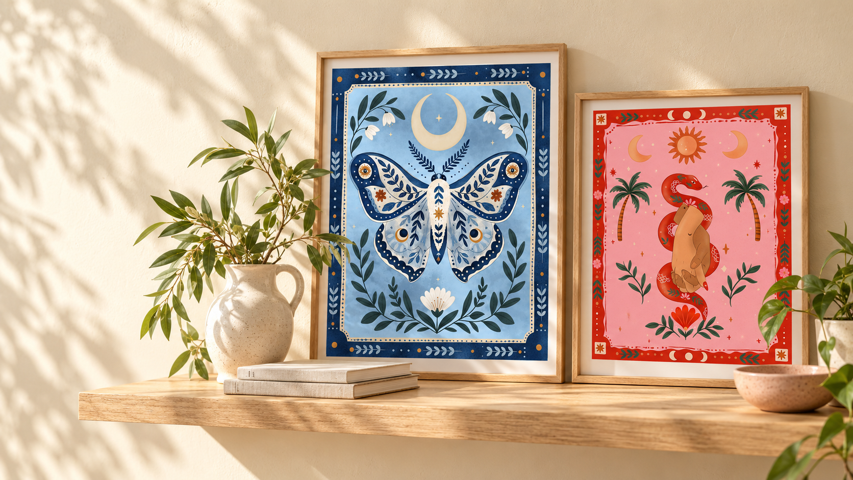 Studio Poes blue butterfly and pink hands artworks in wooden frames, with greenery on a sunlit shelf.